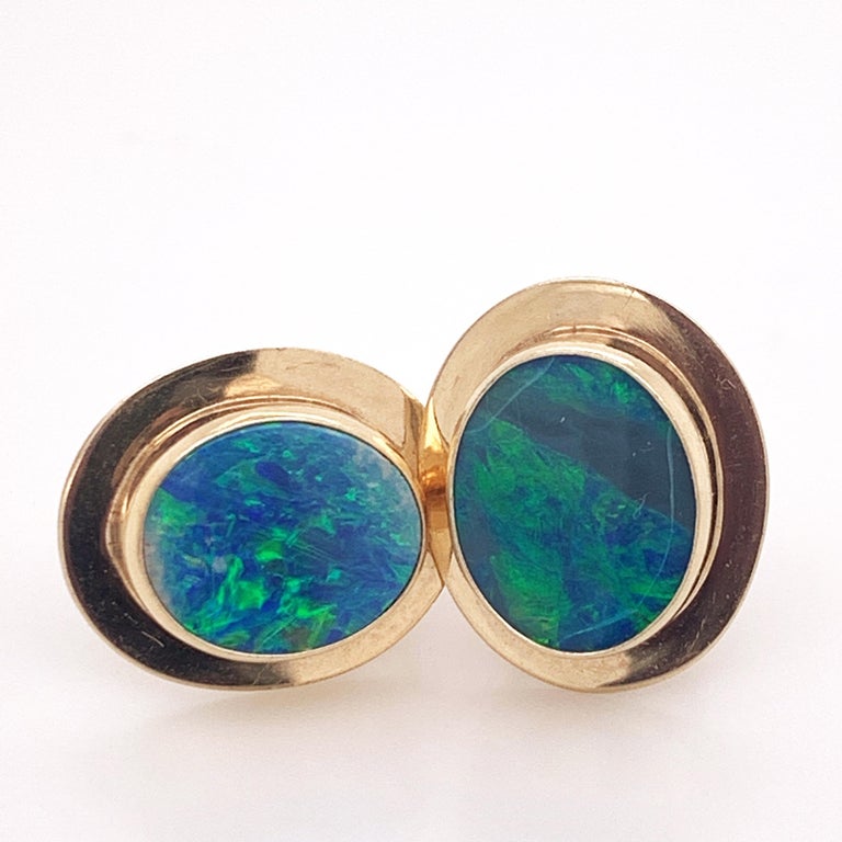 Natural Opal Stud Earrings Encased in 14 Karat Yellow Gold Bezels For ...