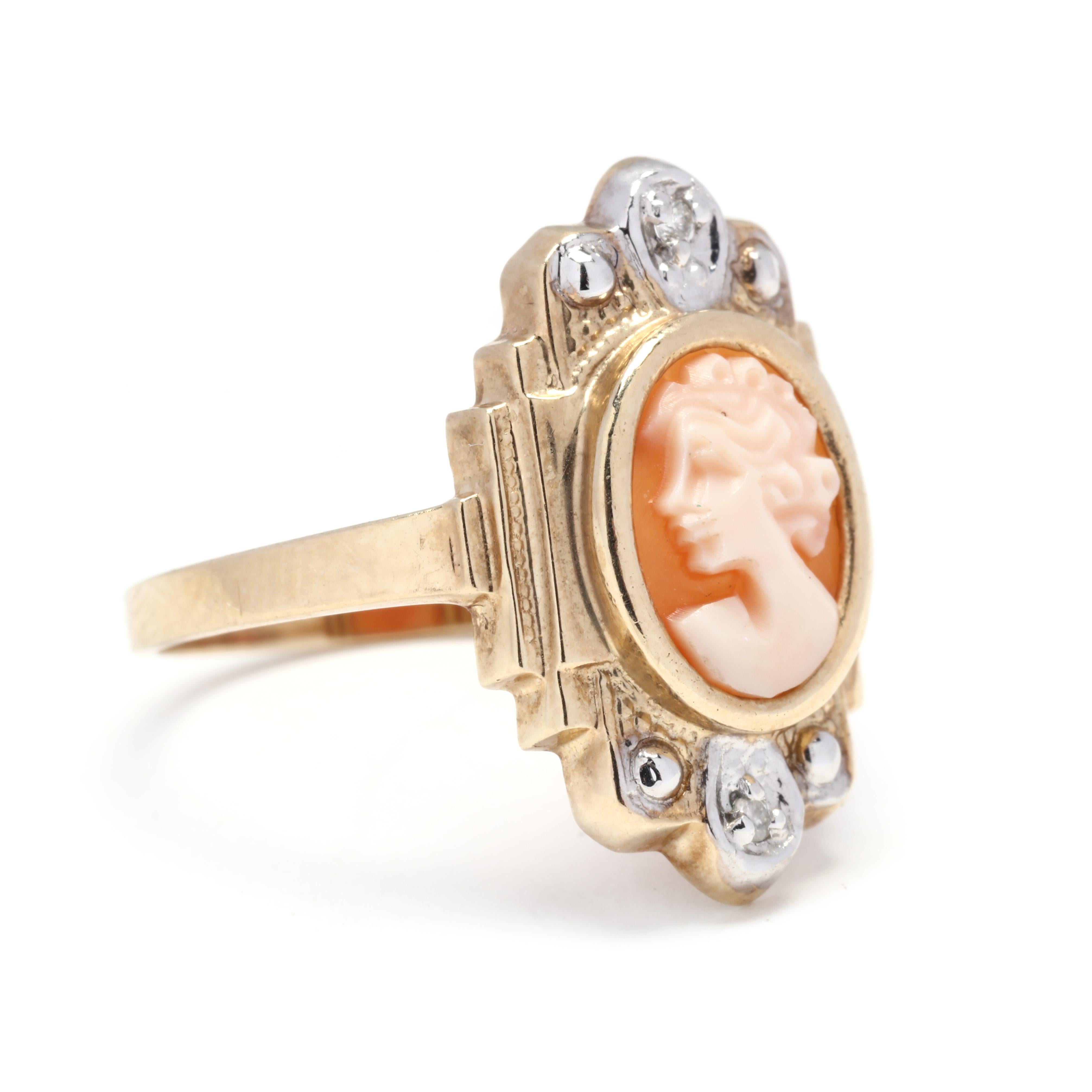 A vintage 10 karat bi color gold cameo diamond ring. This ring features a bezel set, oval carved cameo depicting a female profile set in an Art Deco inspired mounting with two single cut diamonds and a thin polished band.



Stones:

- cameo, 1