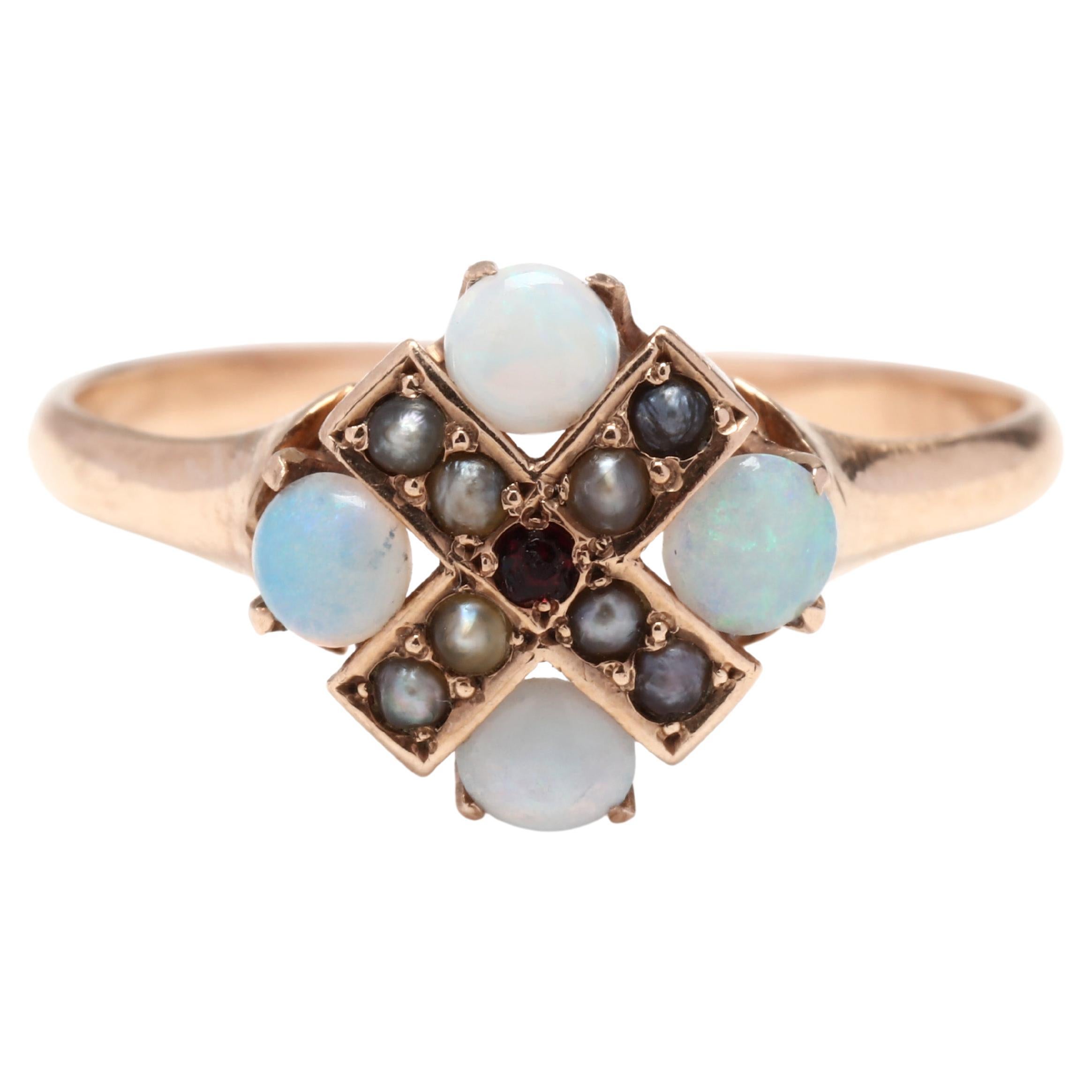 10Y Opal, Seed Pearl & Red Stone Ring