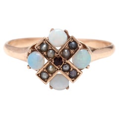 10Y Opal, Seed Pearl & Red Stone Ring