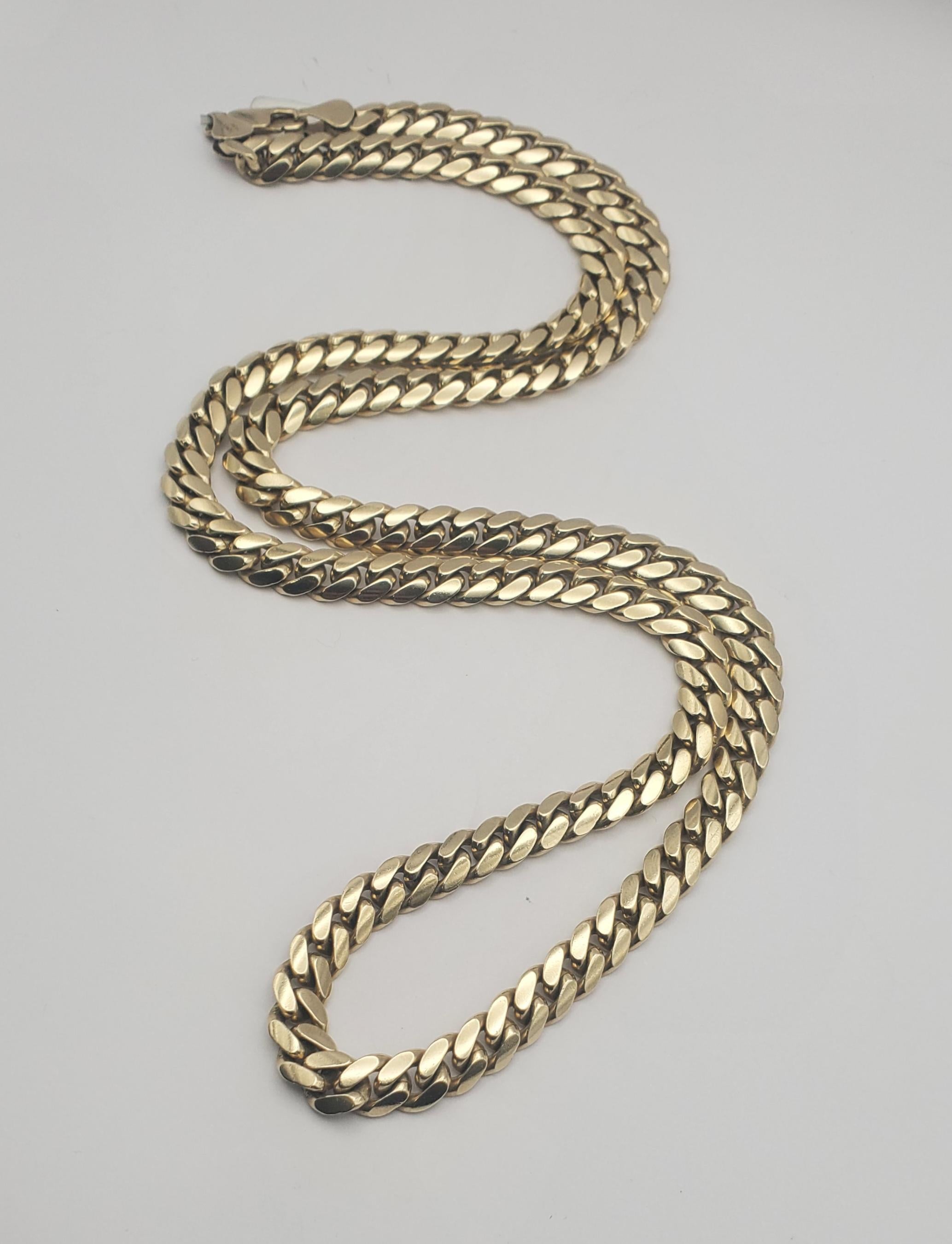 Crafted from high-quality solid 10ct yellow gold, this stunning Miami Cuban link chain necklace measures 30 inches in length. The chain is secured with a lobster style clasp and is stamped on the end caps: 10KT, ASK(the manufacturer). Due to its