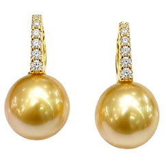 Orecchini pendenti con perla Golden South Sea da 11-12 mm e diamanti, in oro 18 carati, certificati PSL