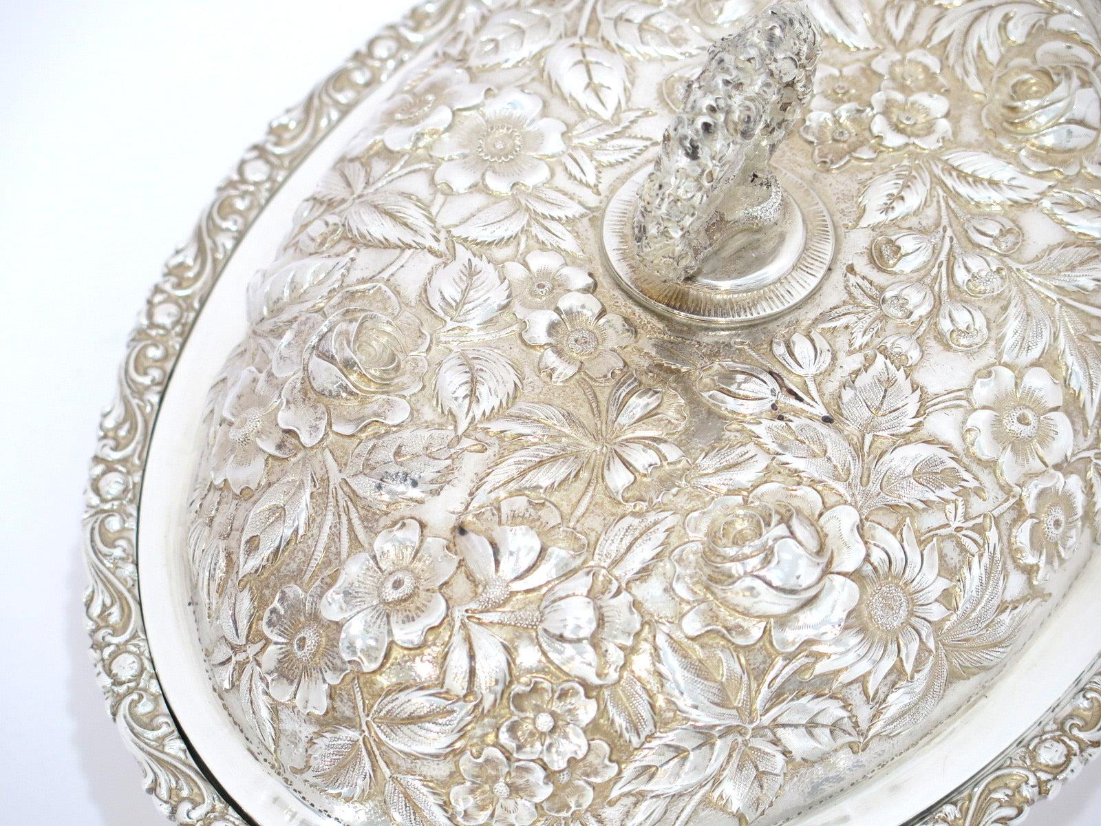 American 11 3/8 in Sterling Silver Baltimore Antique Floral Repousse Covered Serving Dish