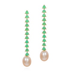 11- 3 mm Stone Baroque Pink Pearl Drop Earrings, 18 K Yellow Gold, Smoky Brown