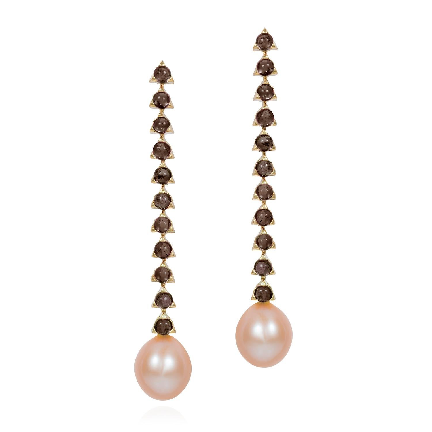 11- 3 mm Stone Baroque Pink Pearl Drop Earrings, 18 K Yellow Gold, Smoky Brown