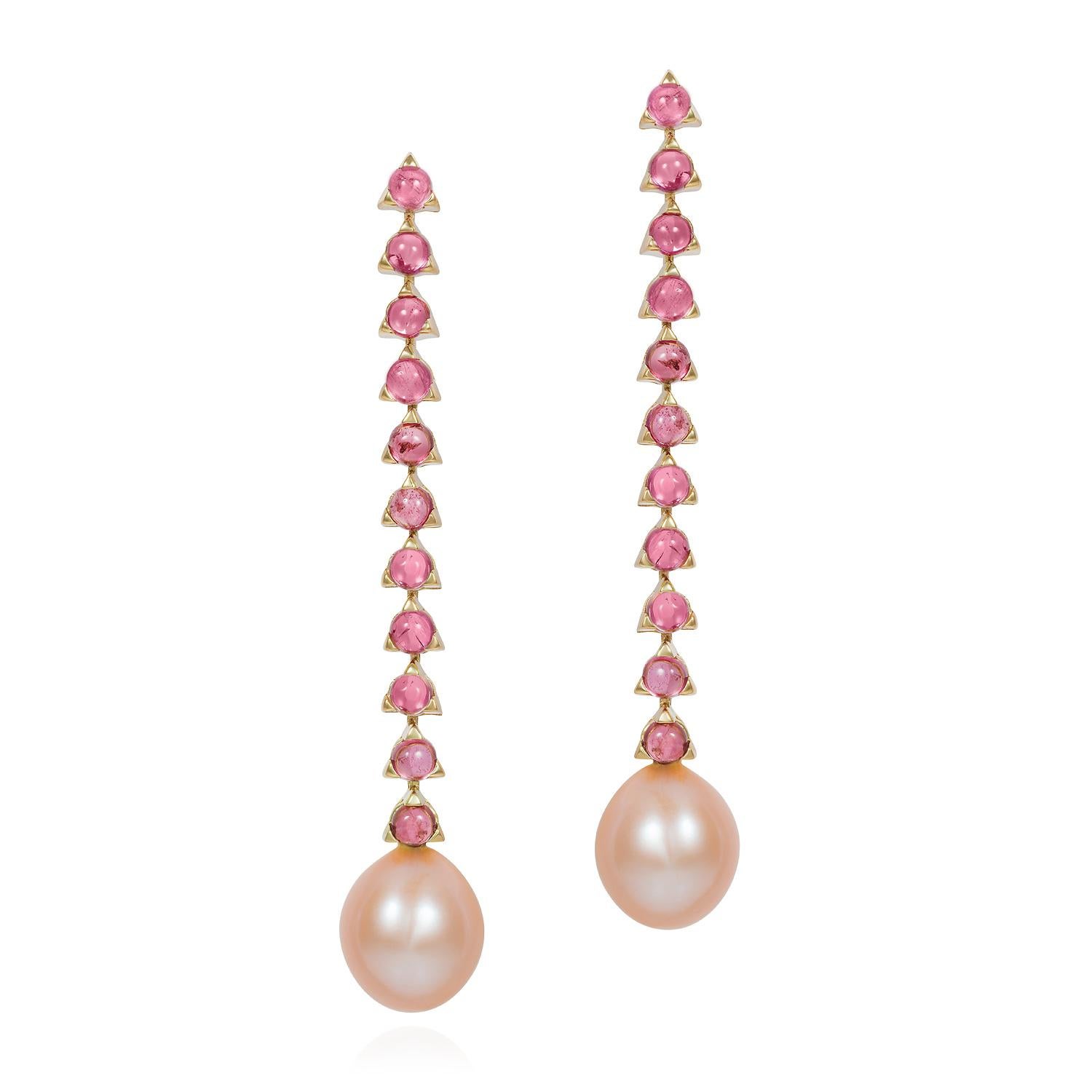 Contemporary 11- 3 mm Stone Baroque Pink Pearl Earrings, 18 Karat Gold,  Green Chrysoprase For Sale