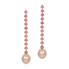 11- 3mm Stone Baroque Pink Pearl Earrings, 18 Karat Yellow Gold, Pink Tourmaline