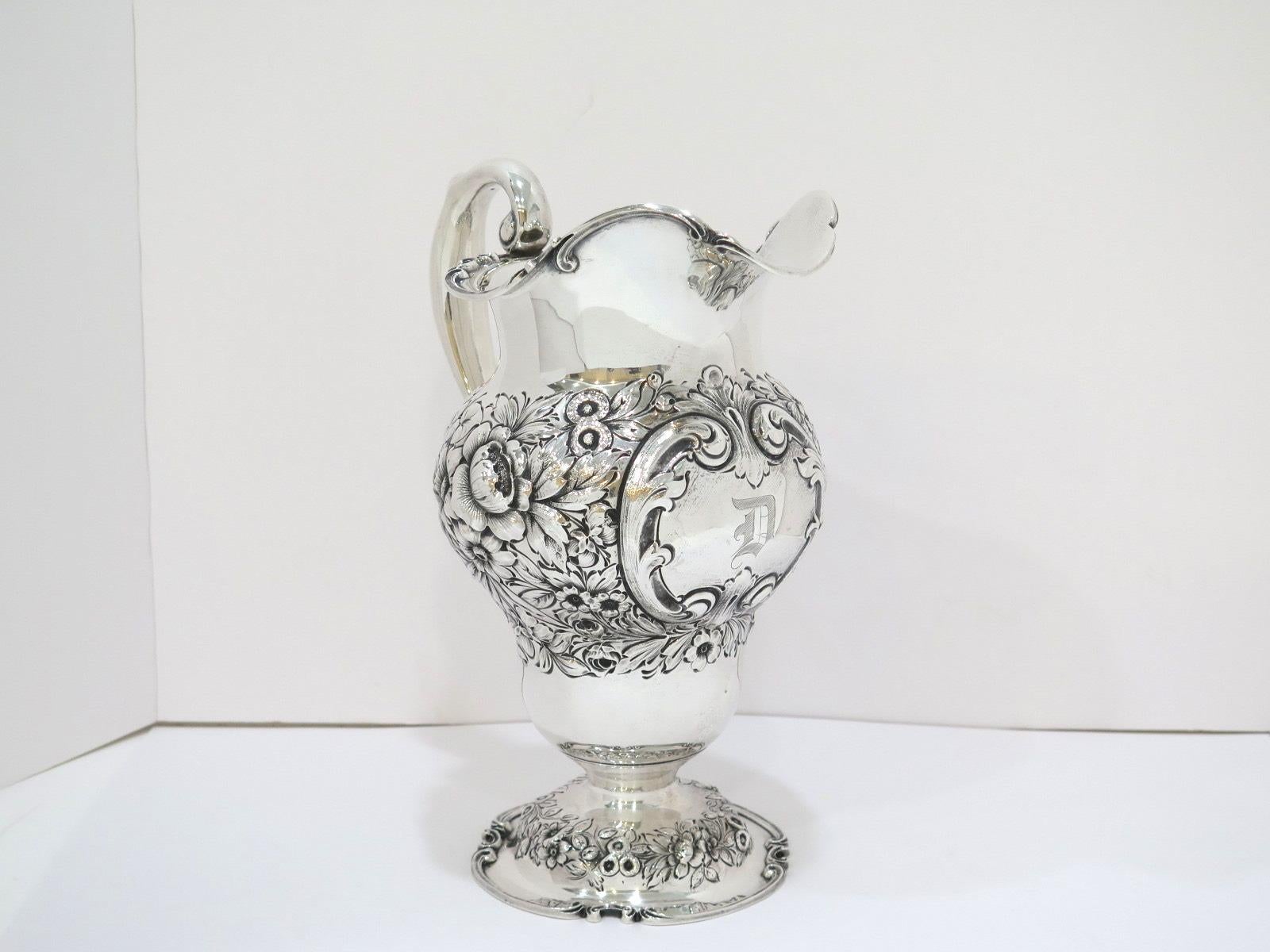 American 11 5/8 in - Sterling Silver Mauser Antique Floral Repousse Pitcher For Sale