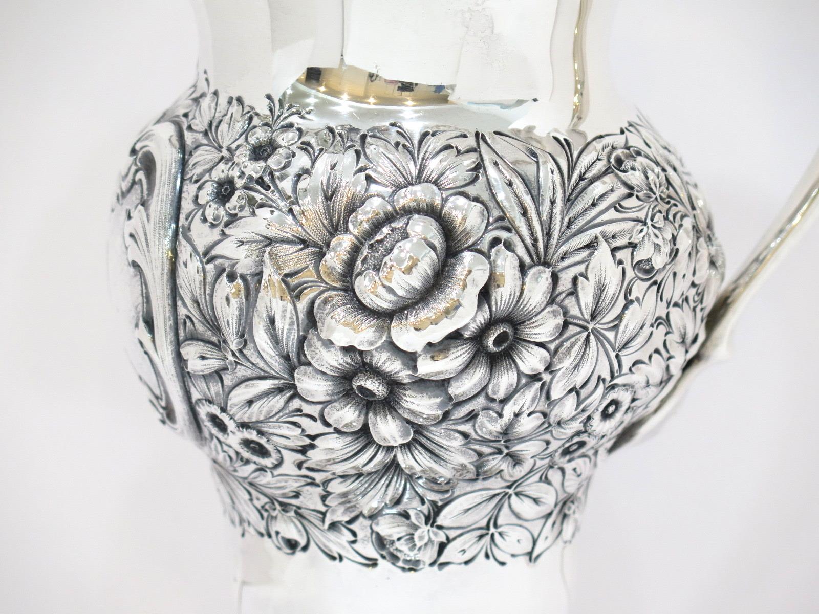 20th Century 11 5/8 in - Sterling Silver Mauser Antique Floral Repousse Pitcher For Sale