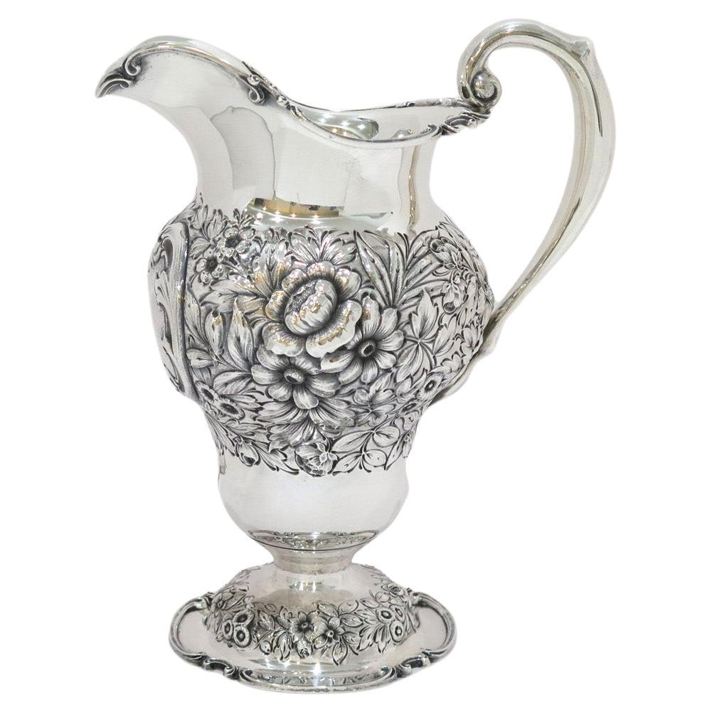 11 5/8 in - Sterling Silver Mauser Antique Floral Repousse Pitcher For Sale