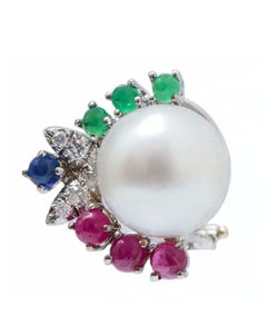 11, 5 Mm White Pearls, Rubies, Emeralds, Sapphires, 18 Kt White Gold Earrings.