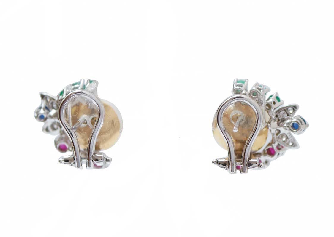Retro 11, 5 Mm White Pearls, Rubies, Emeralds, Sapphires, 18 Kt White Gold Earrings. For Sale