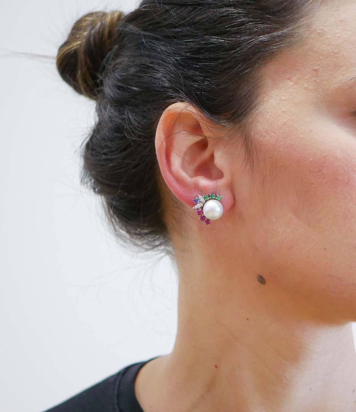 Mixed Cut 11, 5 Mm White Pearls, Rubies, Emeralds, Sapphires, 18 Kt White Gold Earrings. For Sale