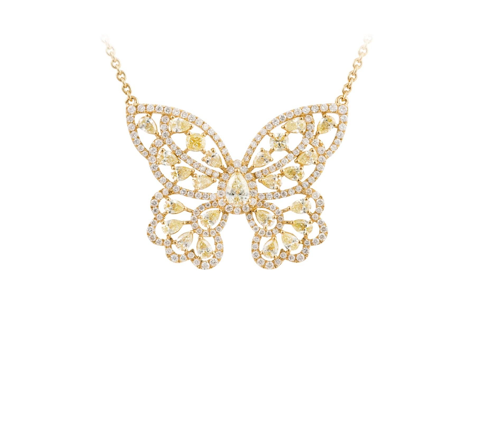Mixed Cut $11, 875 18KT Gold Glittering Fancy Butterfly Yellow Diamond Pendant Necklace For Sale