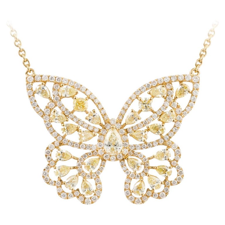 Pendentif Papillon Or Jaune 18k Avec Diamants Naturels - 33 Diamants, émail, Fait Main, 0.21 Carats