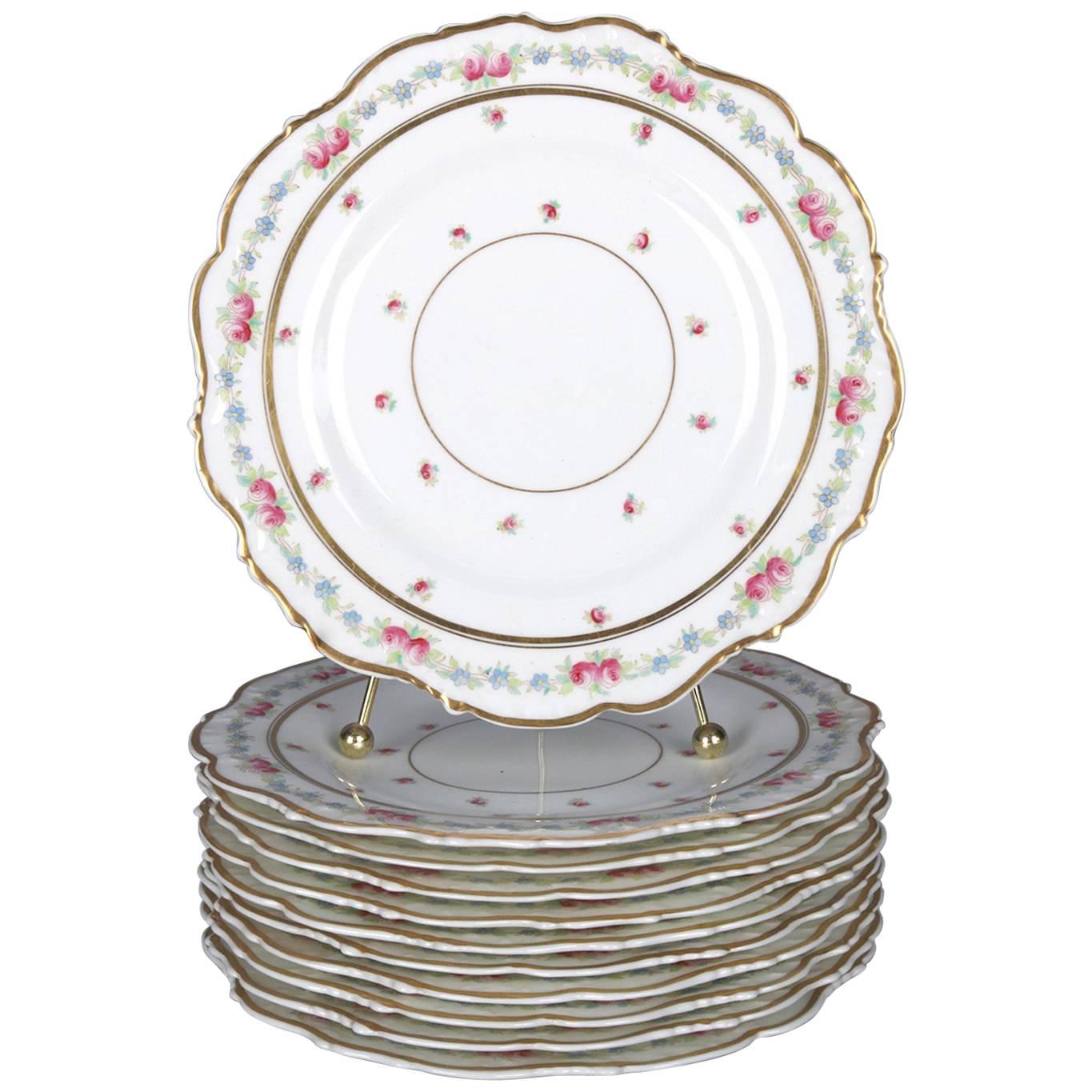 11 Antique English Cauldon Hand-Painted Floral and Gilt Porcelain Plates