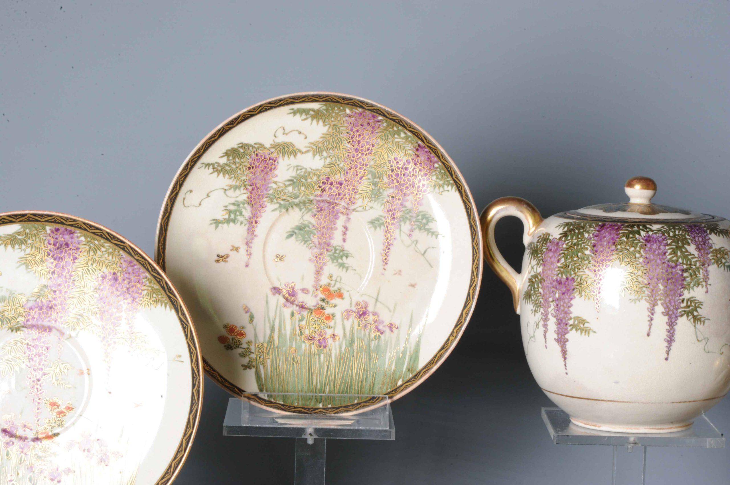 #11 Antique Meiji Period Japanese Satsuma Autumn Tea Set 19th Century Wisteria For Sale 6