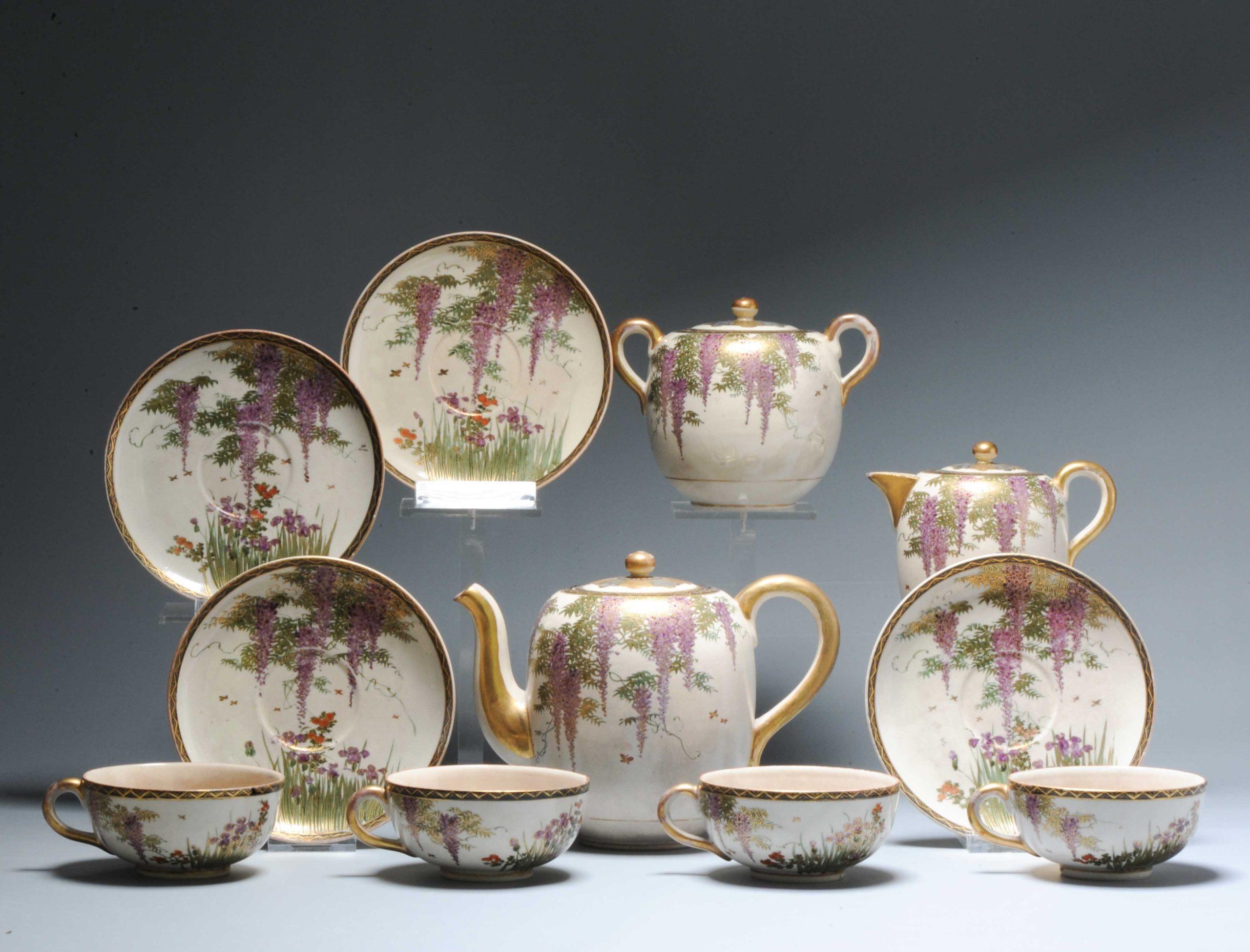 Porcelain #11 Antique Meiji Period Japanese Satsuma Autumn Tea Set 19th Century Wisteria For Sale
