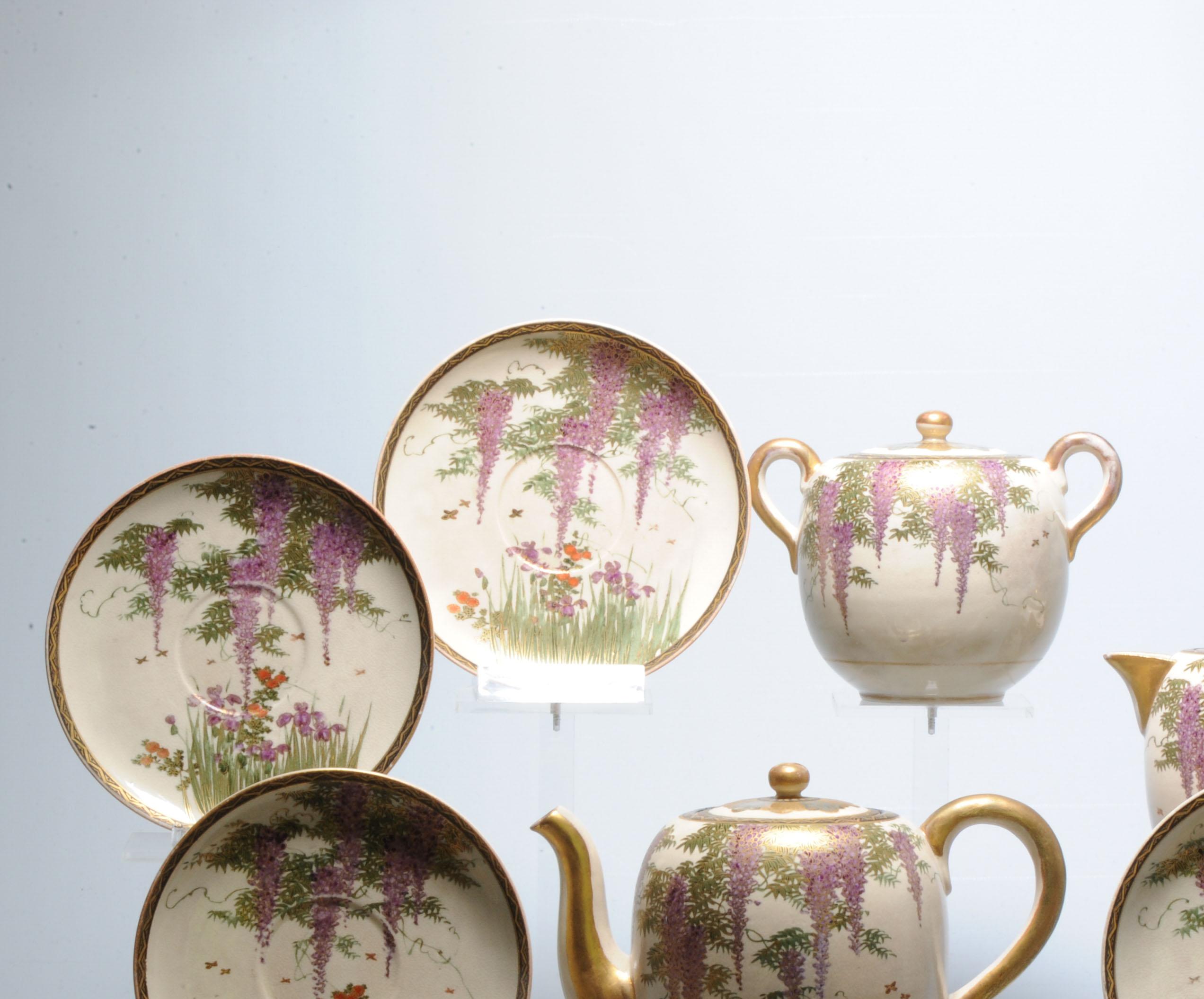 #11 Antique Meiji Period Japanese Satsuma Autumn Tea Set 19th Century Wisteria For Sale 4