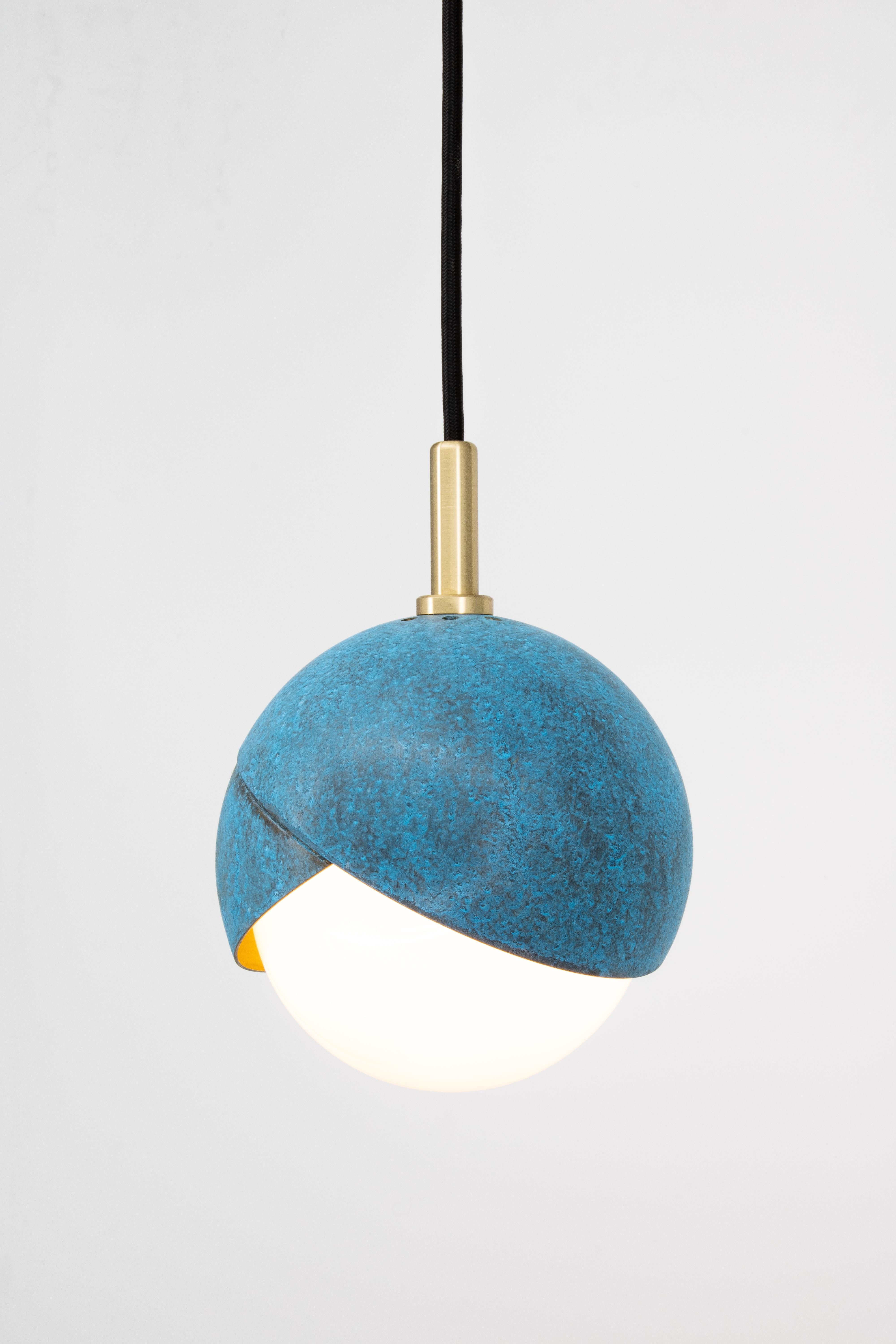 American Benedict Pendant Light, Prussian Blue, Satin Brass Details, 11in Diameter For Sale