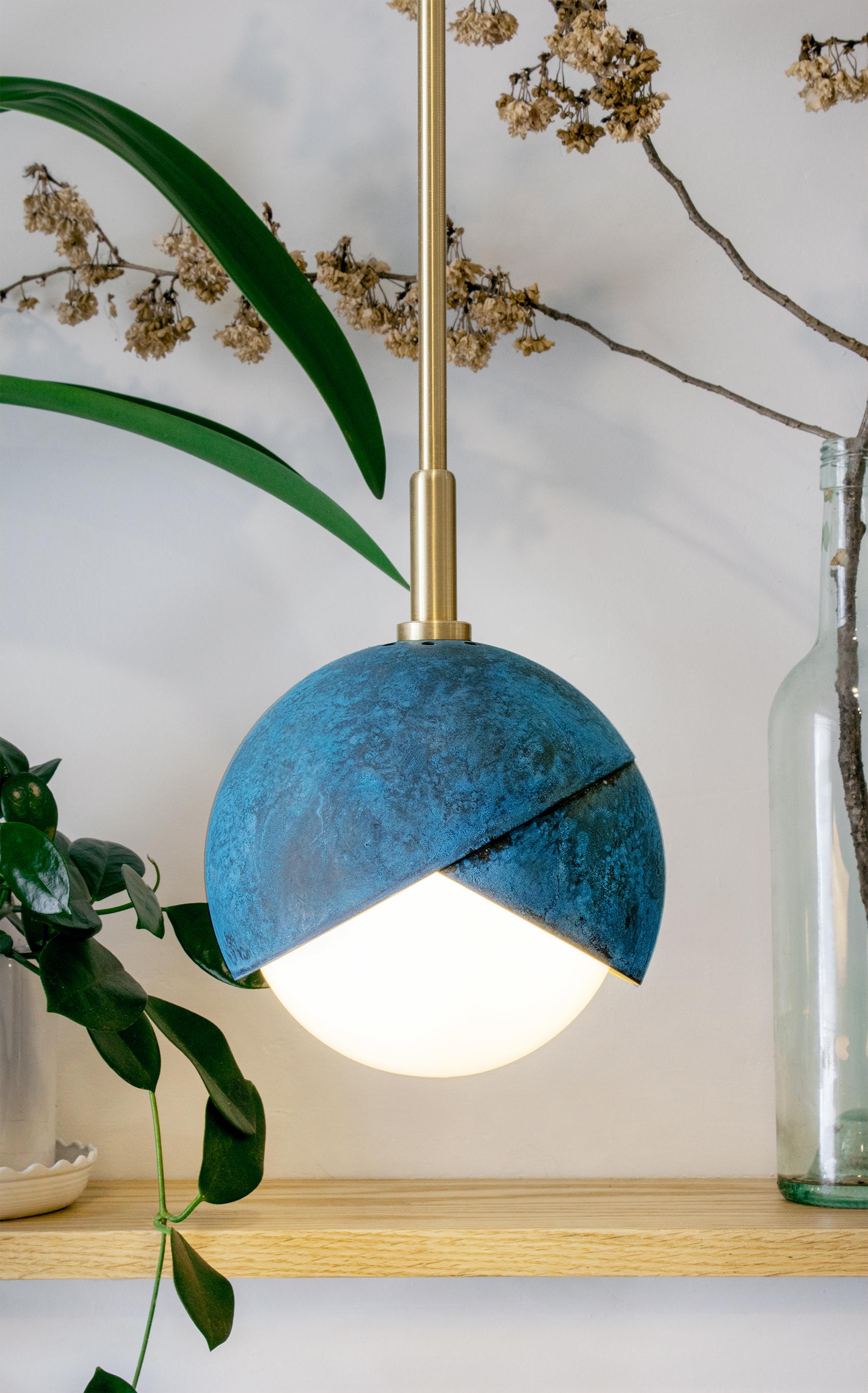 Benedict Pendant Light, Prussian Blue, Satin Brass Details, 11in Diameter In New Condition For Sale In Brooklyn, NY