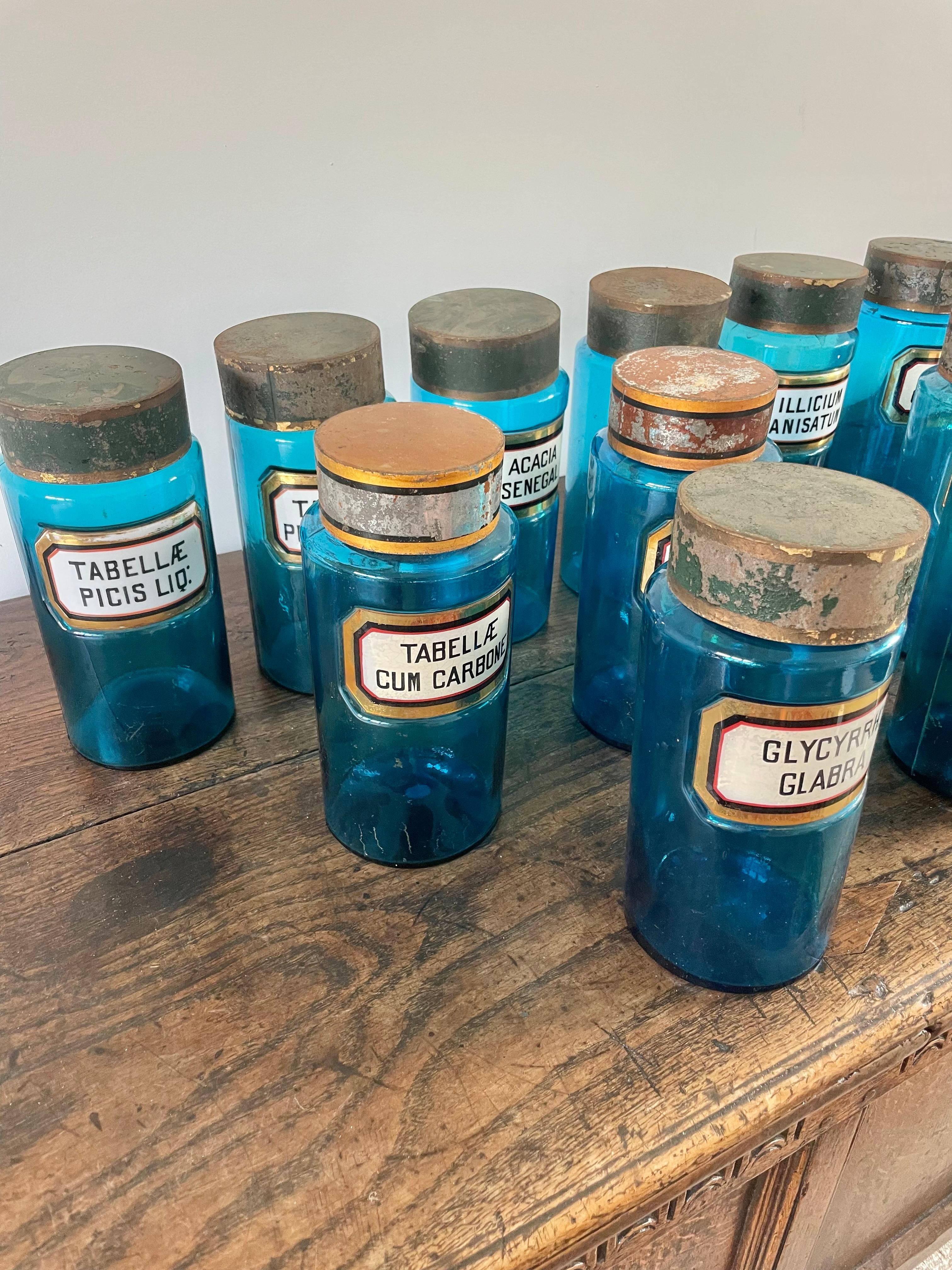 French 11 blue glass apothecary bottles