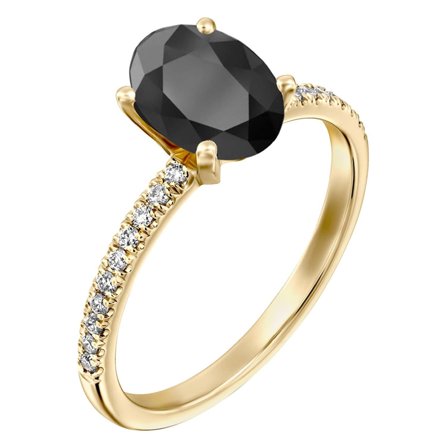 1.1 Carat 14 Karat Yellow Gold Certified Oval Black Diamond Engagement Ring