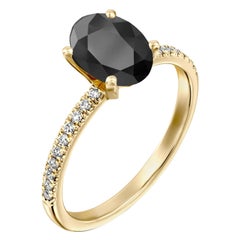 1.1 Carat 14 Karat Yellow Gold Certified Oval Black Diamond Engagement Ring