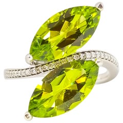 11+ Carat AAA Rich Green Marquise Peridot Diamond Bypass Cocktail Ring 14K White