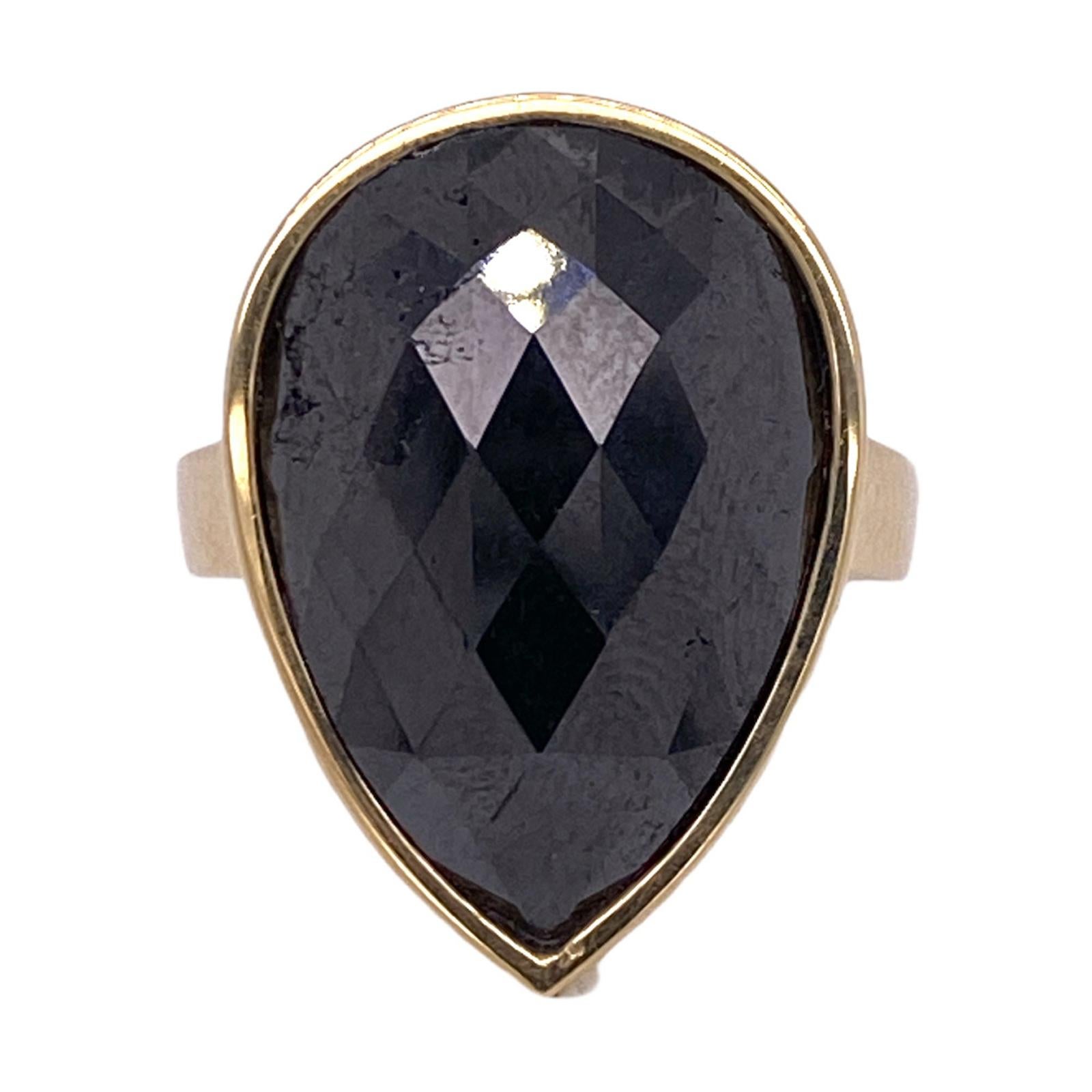 11 Carat Black Diamond 18 Karat Yellow Gold Bezel Set Solitaire Ring