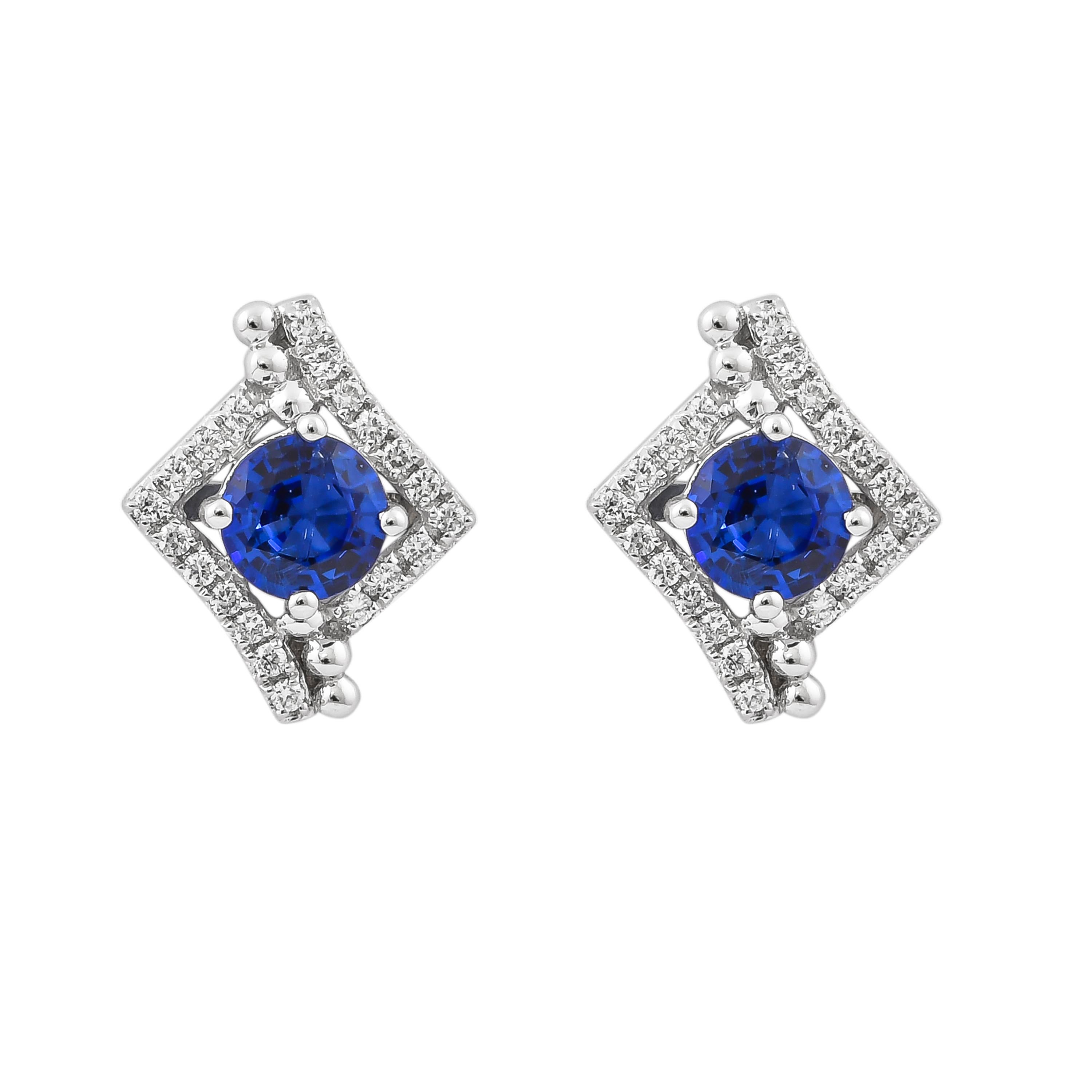 Round Cut 1.1 Carat Blue Sapphire and Diamond Earring in 18 Karat White Gold For Sale