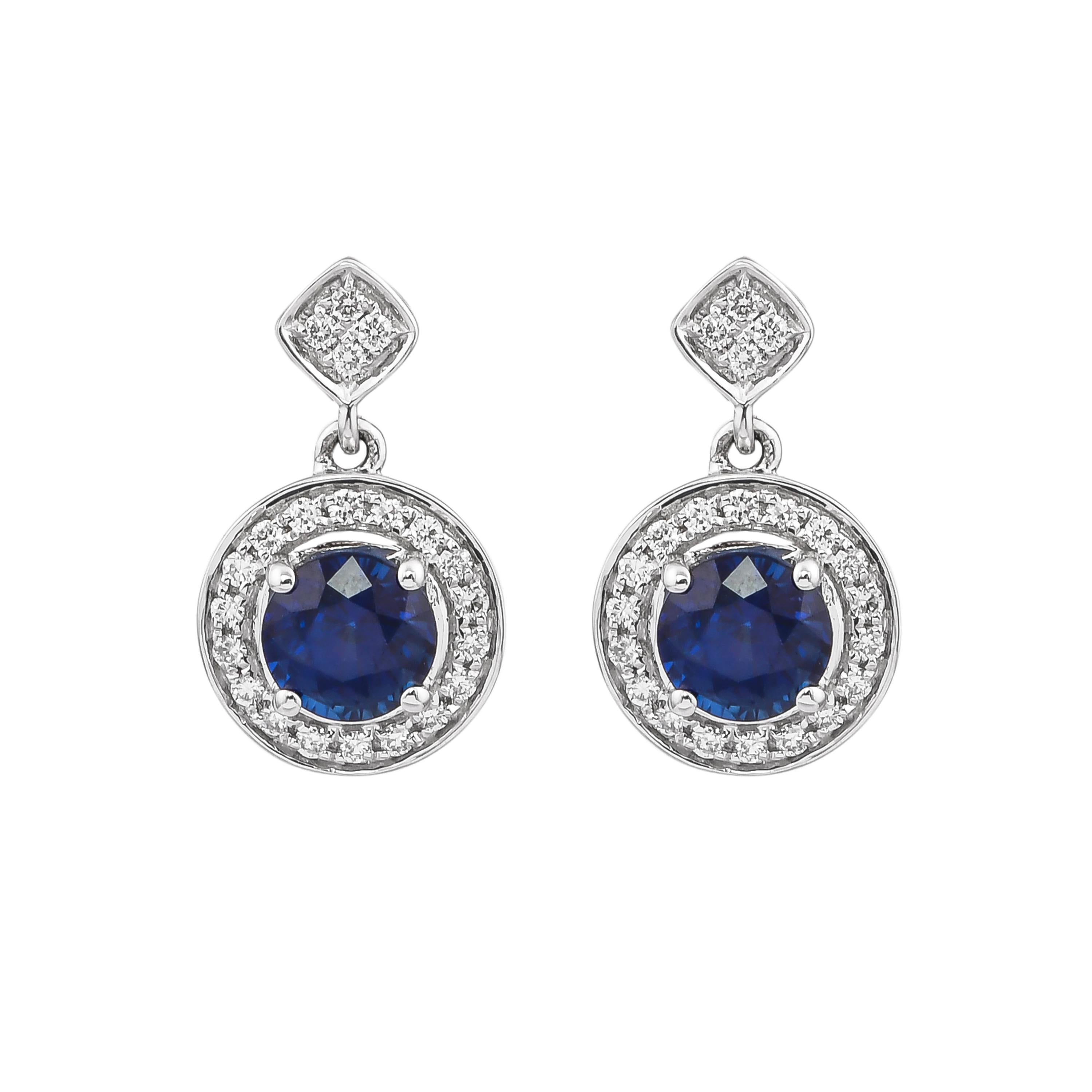 Round Cut 1.1 Carat Blue Sapphire and Diamond Earring in 18 Karat White Gold For Sale