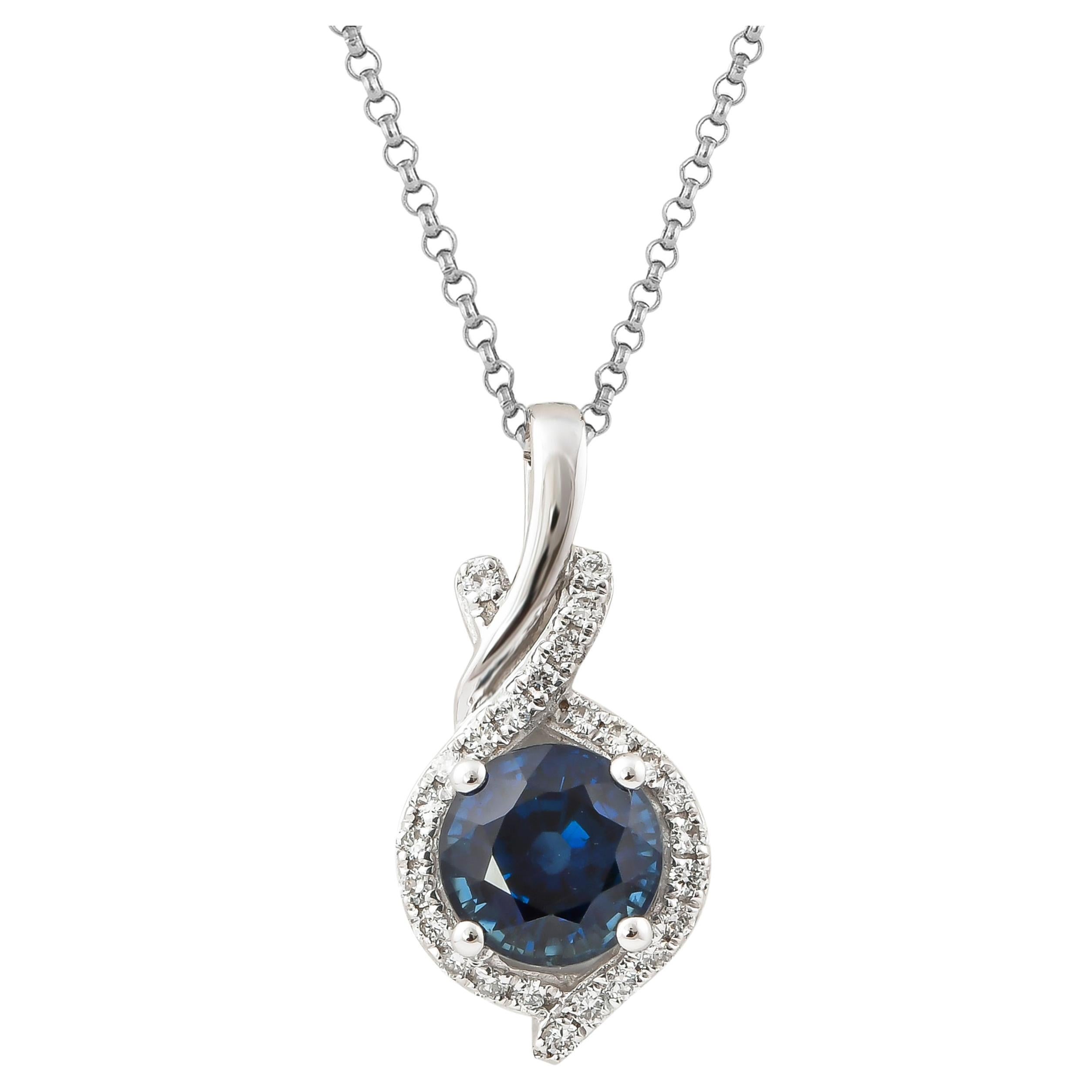1.1 Carat Blue Sapphire and Diamond Pendant with Chain in 18 Karat White Gold
