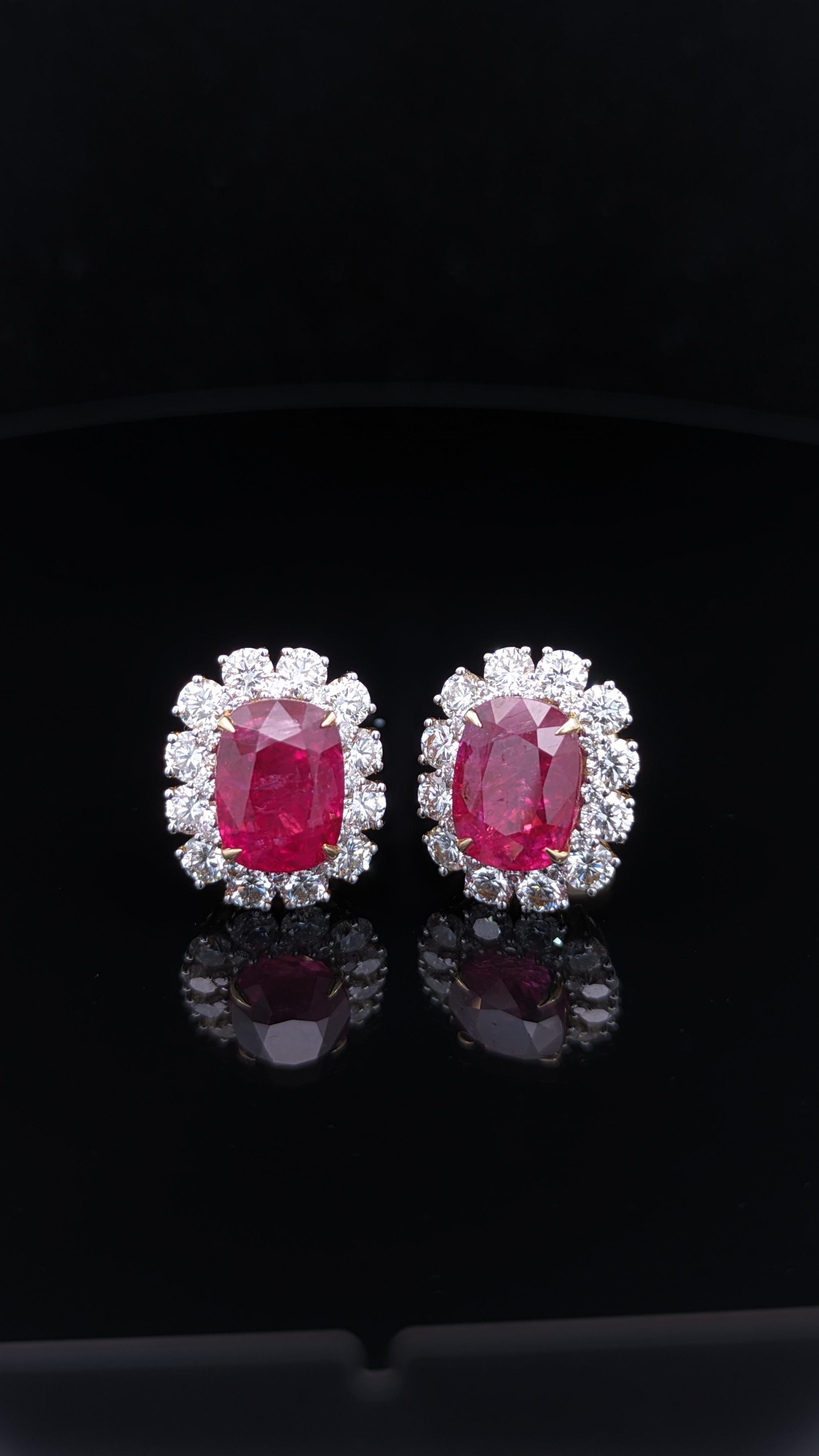 Modern Certified 11 Carat Natural Burmese Ruby and Diamond 18K Gold Earrings For Sale