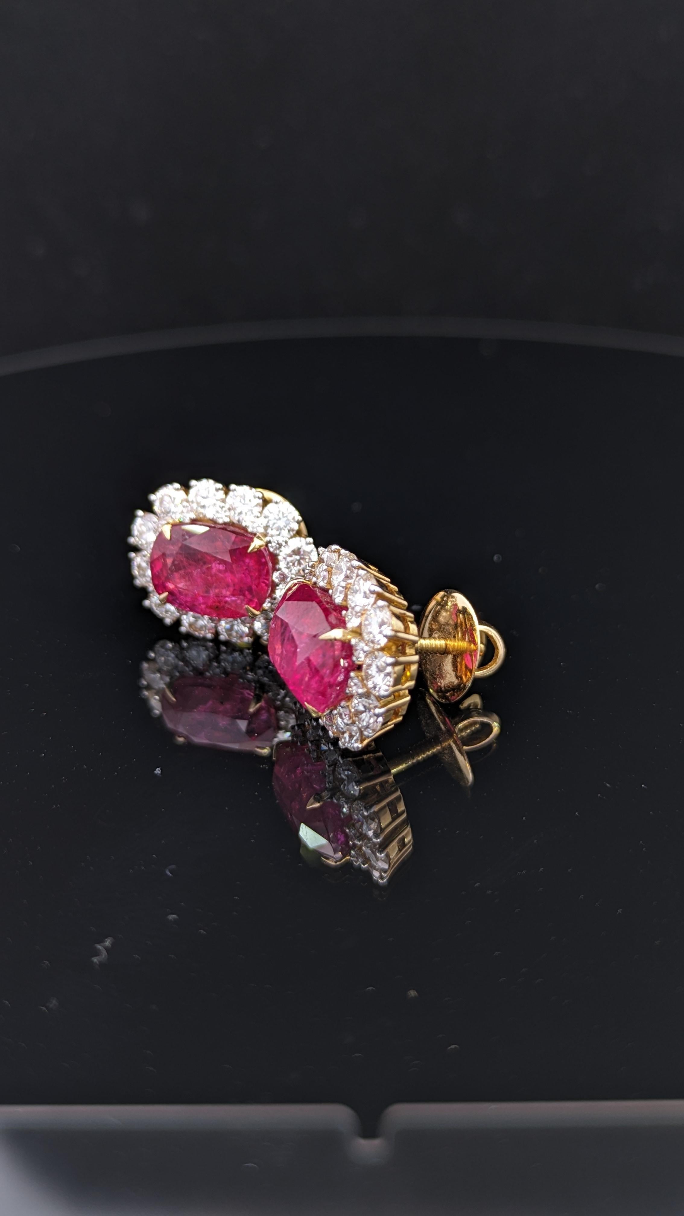 Women's or Men's Certified 11 Carat Natural Burmese Ruby and Diamond 18K Gold Earrings For Sale