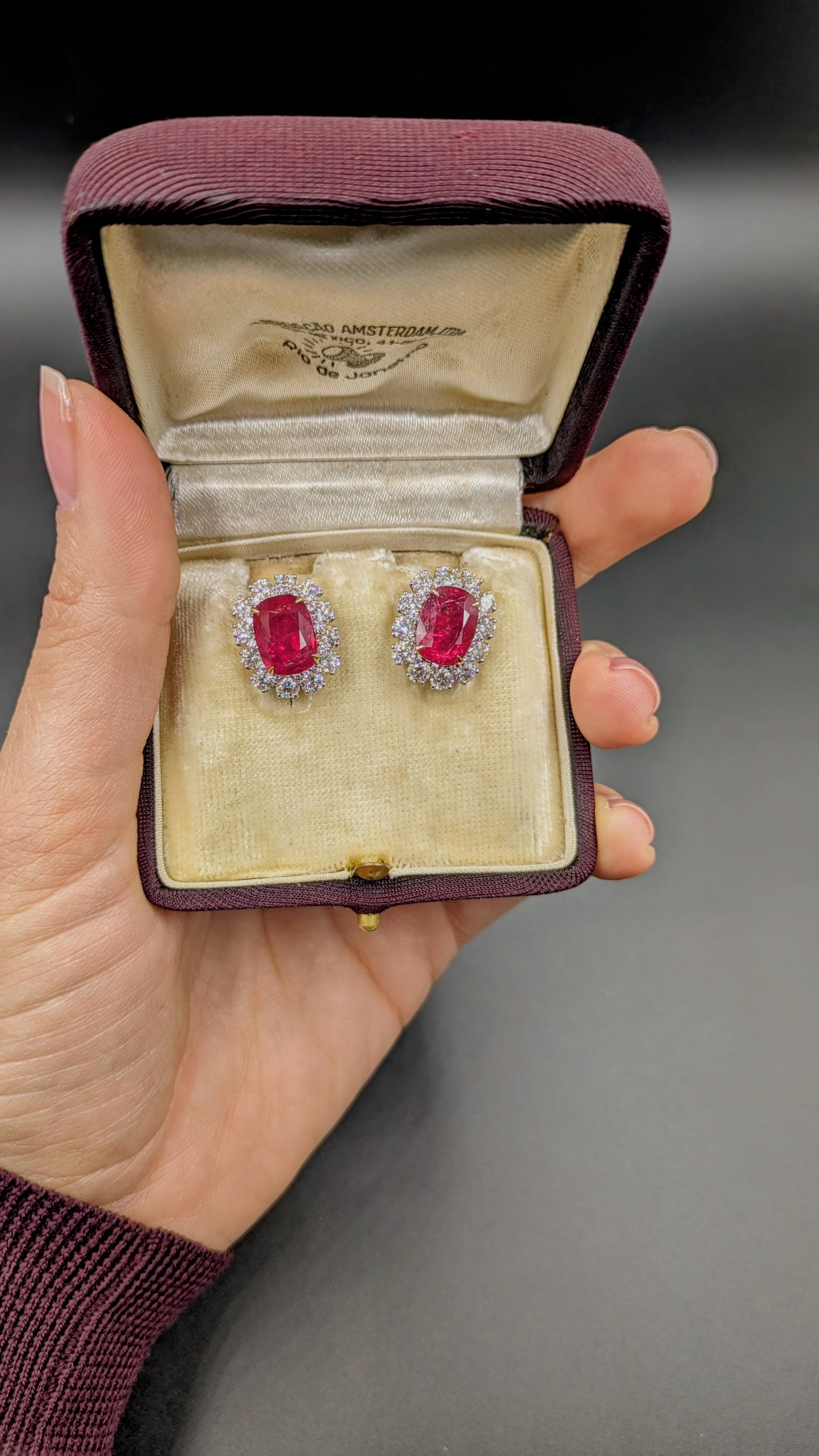 Certified 11 Carat Natural Burmese Ruby and Diamond 18K Gold Earrings For Sale 1