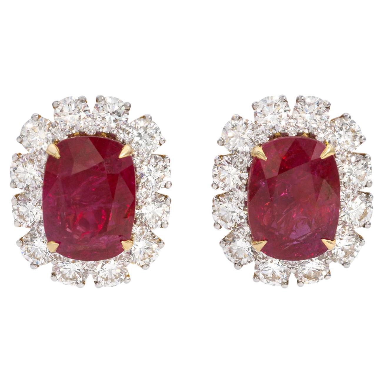 Certified 11 Carat Natural Burmese Ruby and Diamond 18K Gold Earrings For Sale