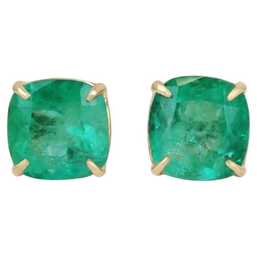 11 Carat Colombian Emerald Cushion Cut 18k Yellow Gold Stud Earrings