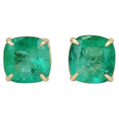 11 Carat Colombian Emerald Cushion Cut 18k Yellow Gold Stud Earrings