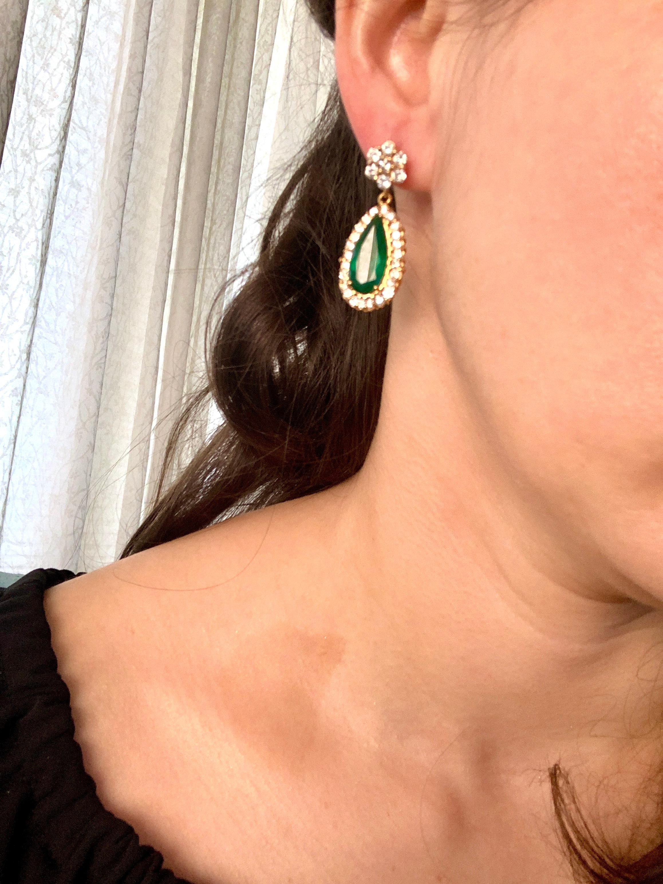 11 Carat Colombian Pear Shape Emerald Diamond Hanging /Drop Earrings 14Kt Gold 3
