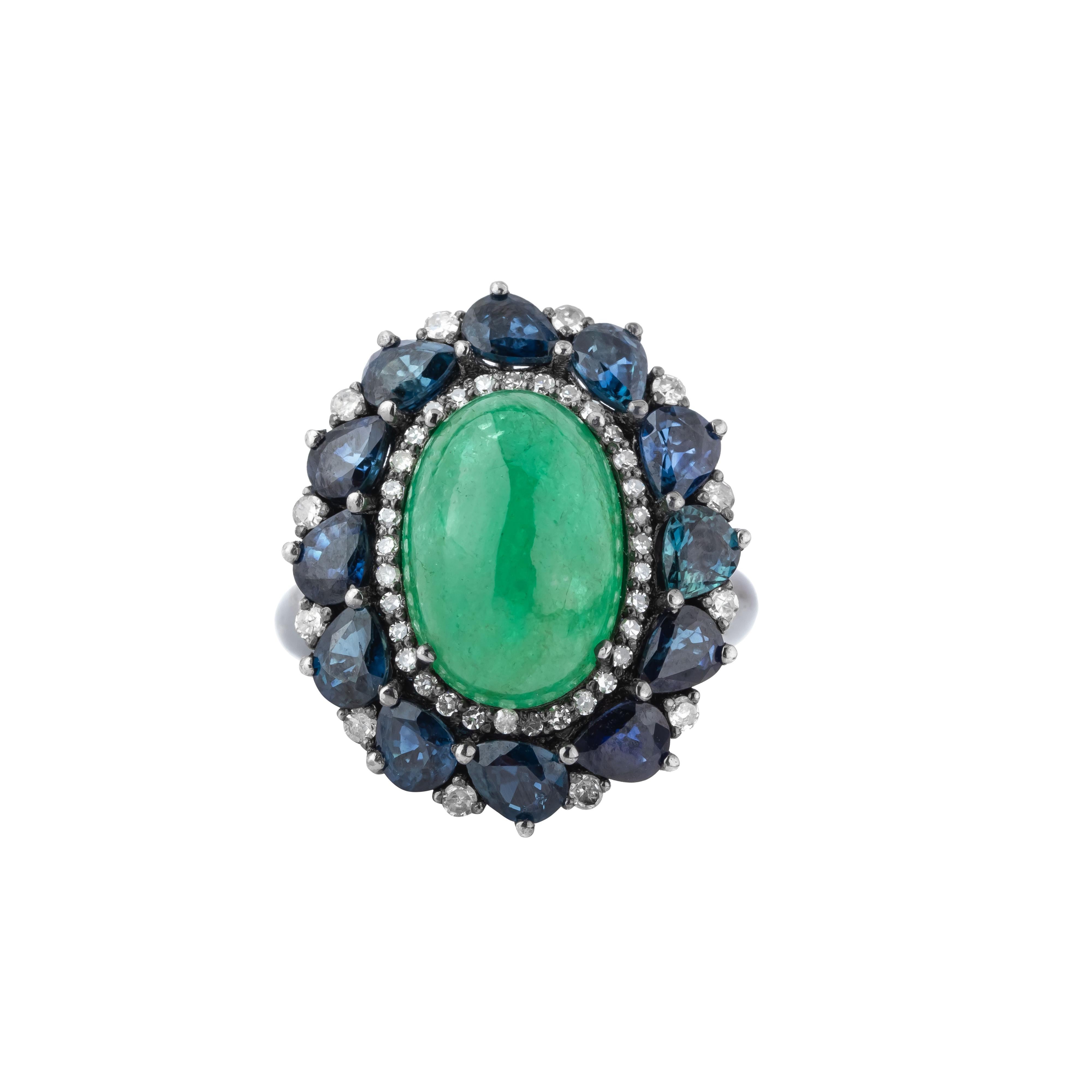 Contemporary 11 Carat Diamond, Emerald and Sapphire Cocktail Ring For Sale