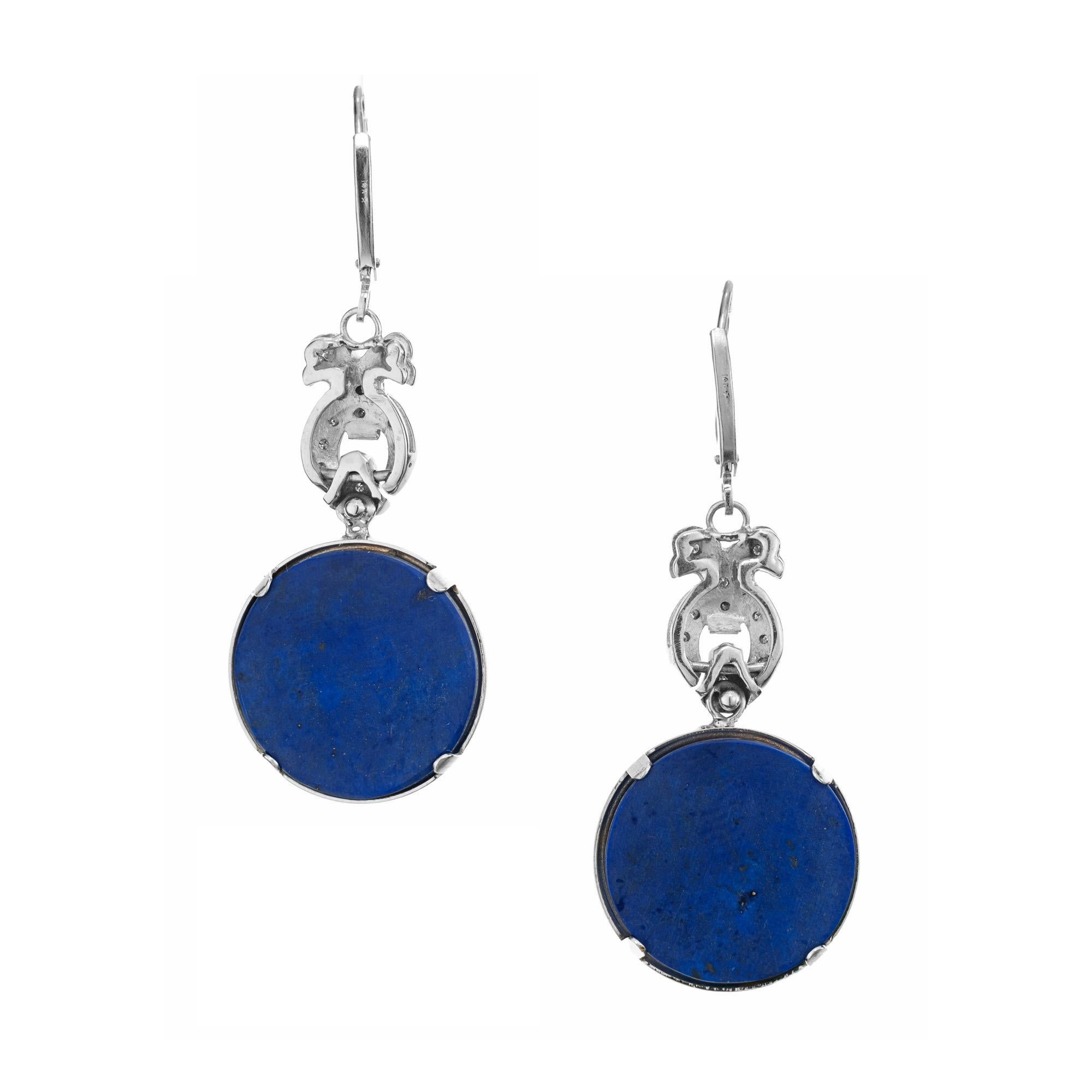 .11 Carat Diamond Lapis Crystal White Gold Art Deco Dangle Earrings  In Good Condition For Sale In Stamford, CT