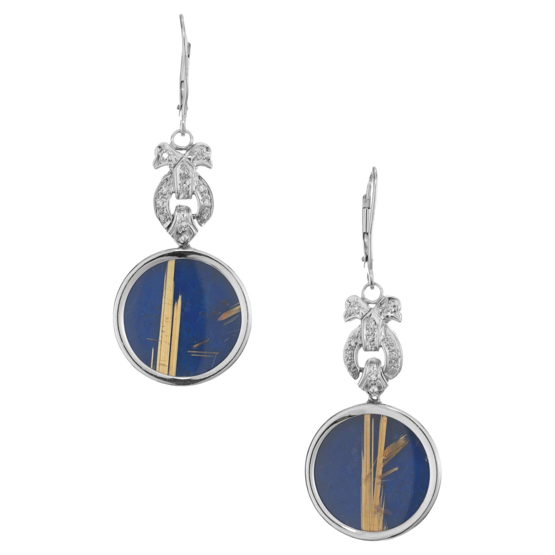 .11 Carat Diamond Lapis Crystal White Gold Art Deco Dangle Earrings  For Sale