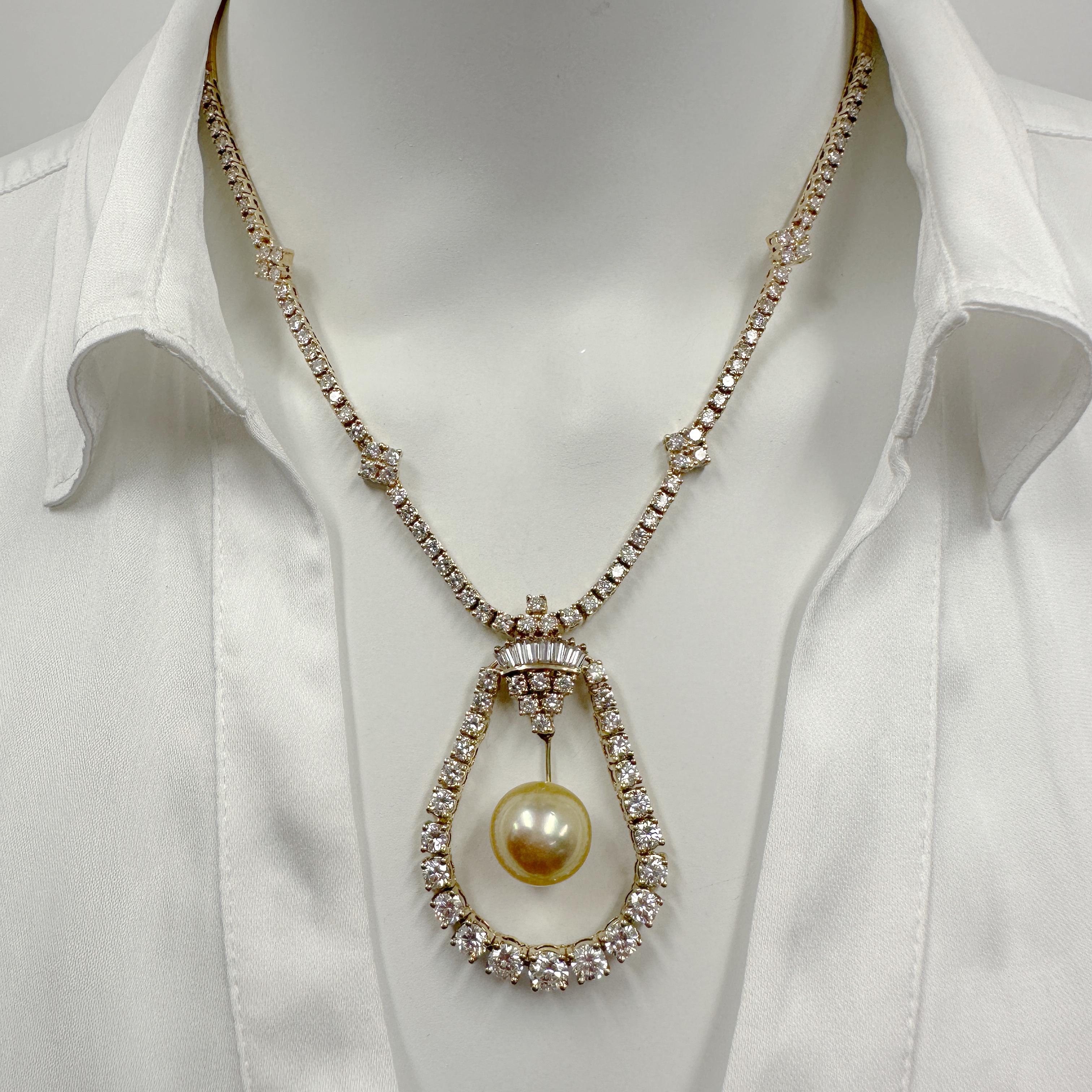 Contemporary 11 Carat Diamond Line Omega Necklace in Yellow Gold with Golden South Sea Pearl For Sale