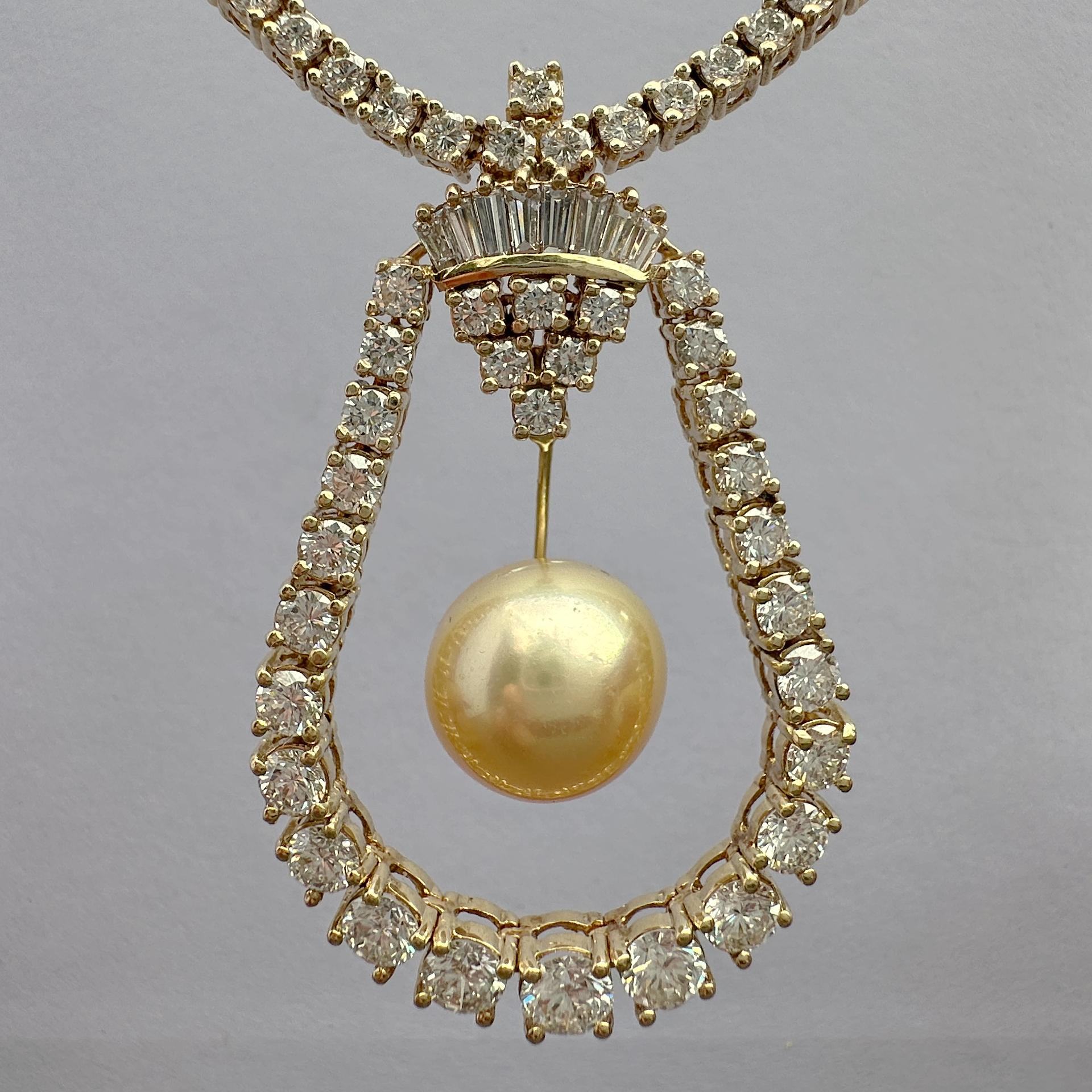 11 Carat Diamond Line Omega Necklace in Yellow Gold with Golden South Sea Pearl For Sale 2