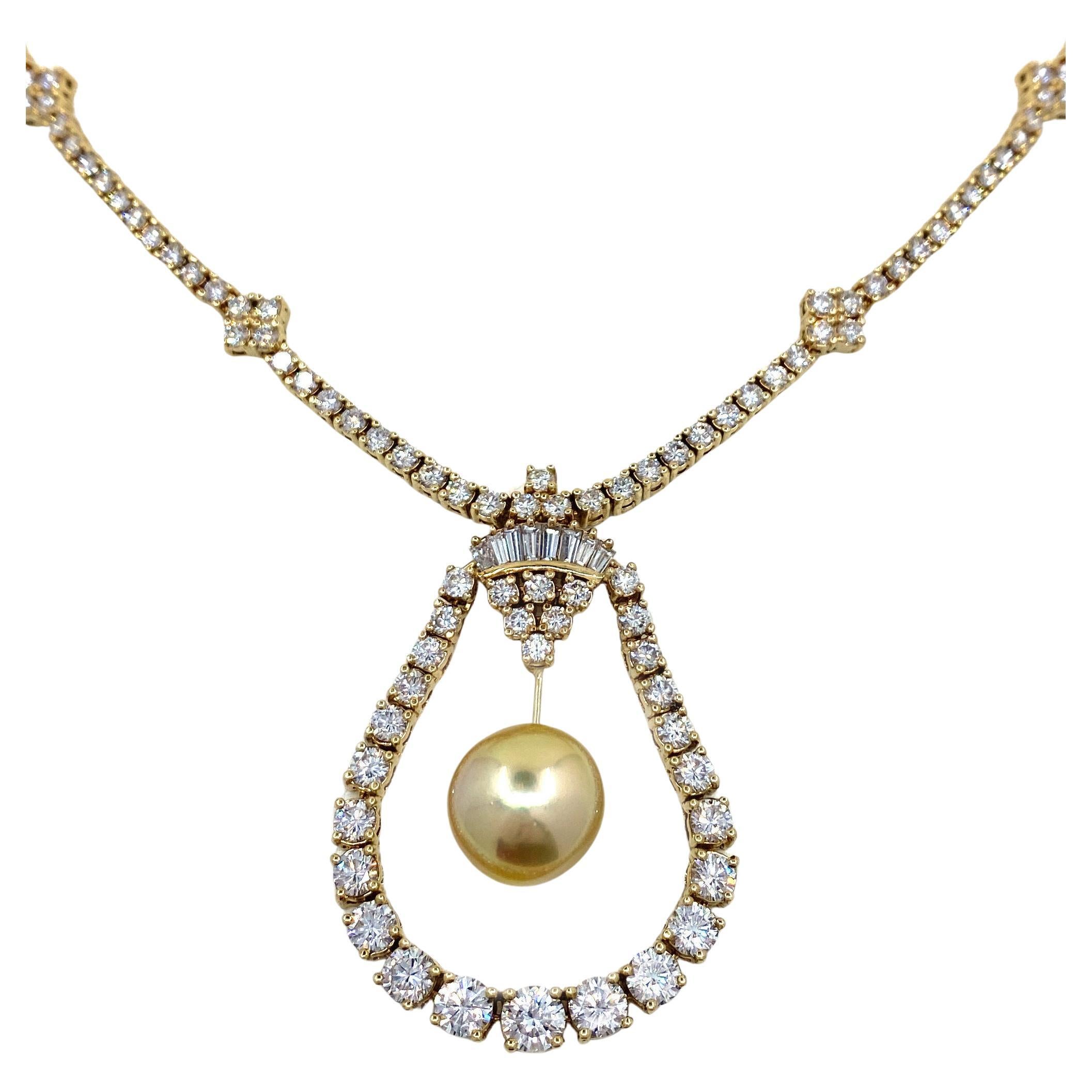 11 Carat Diamond Line Omega Necklace in Yellow Gold with Golden South Sea Pearl For Sale