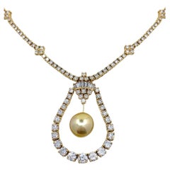 Vintage 11 Carat Diamond Line Omega Necklace in Yellow Gold with Golden South Sea Pearl