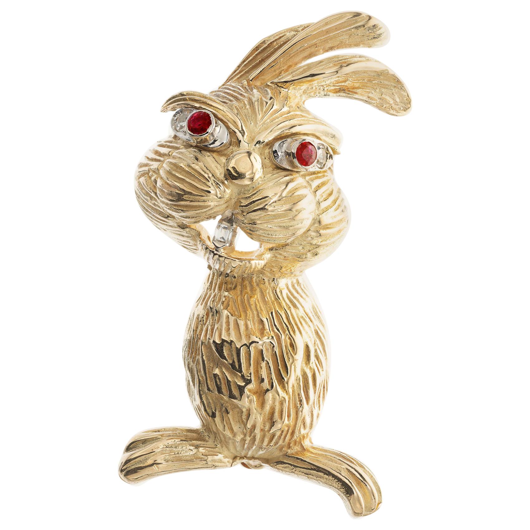 .11 Carat Diamond Ruby Yellow Gold Rabbit Brooch