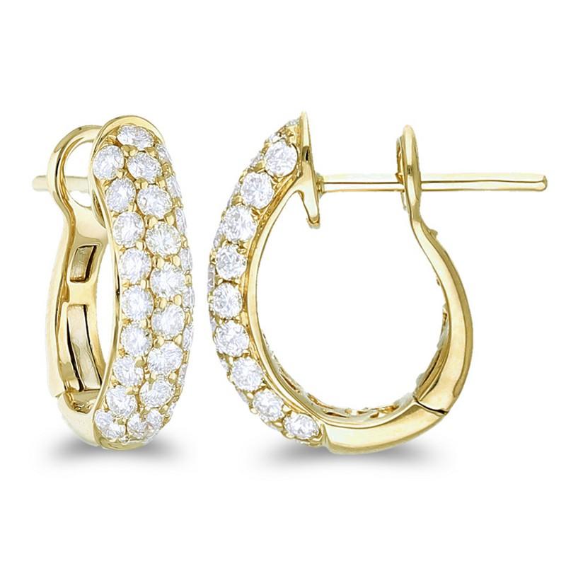 Round Cut 1.1 Carat Diamonds in 14K Yellow Gold Hoops and Huggies Earrings For Sale