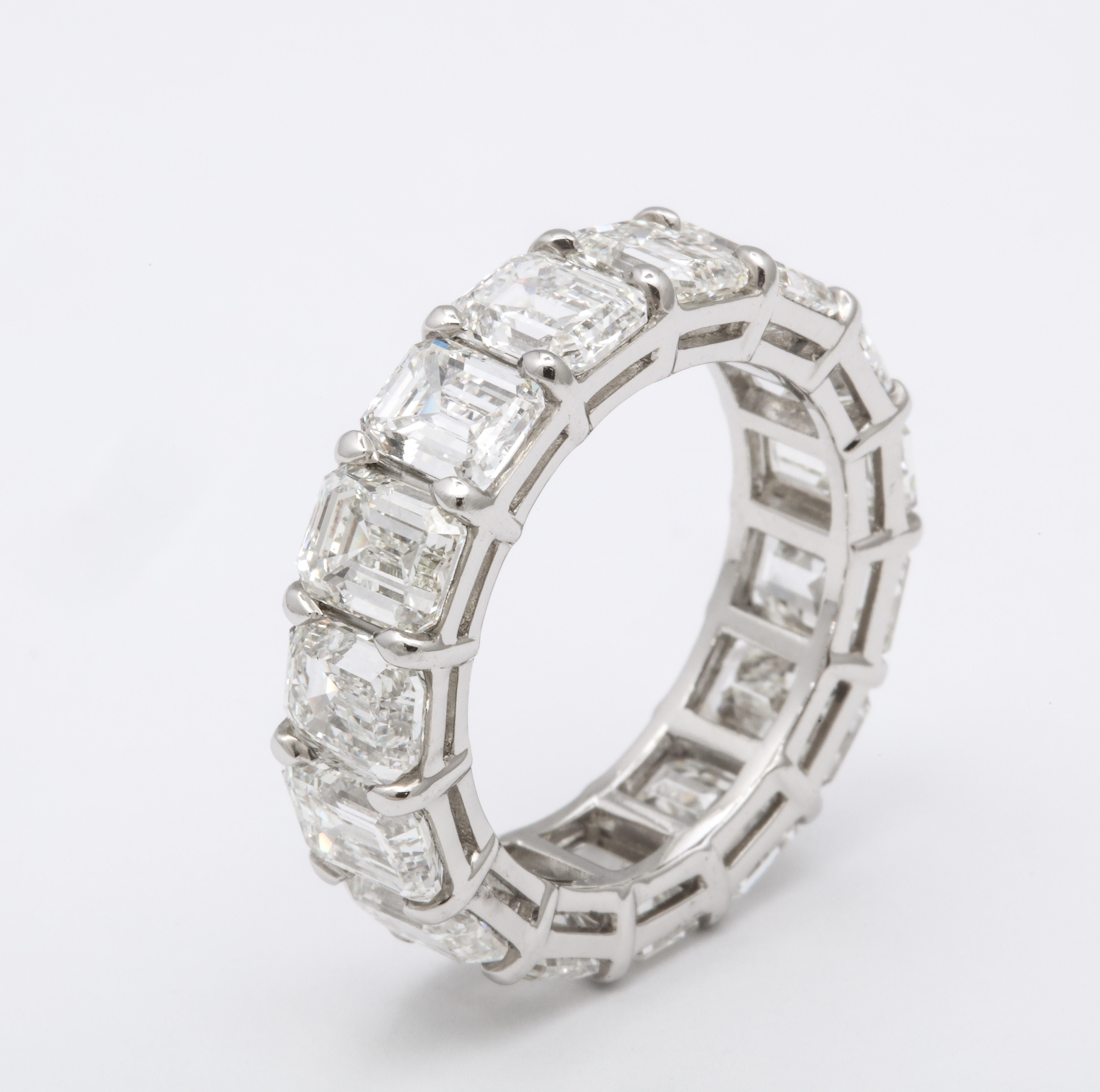 
A BEAUTIFUL eternity band!!

11.12 carats of colorless white, VS+ emerald cut diamonds set in a custom platinum band. 

6.2 mm wide

Currently a size 7+, this ring can easily be sized. 